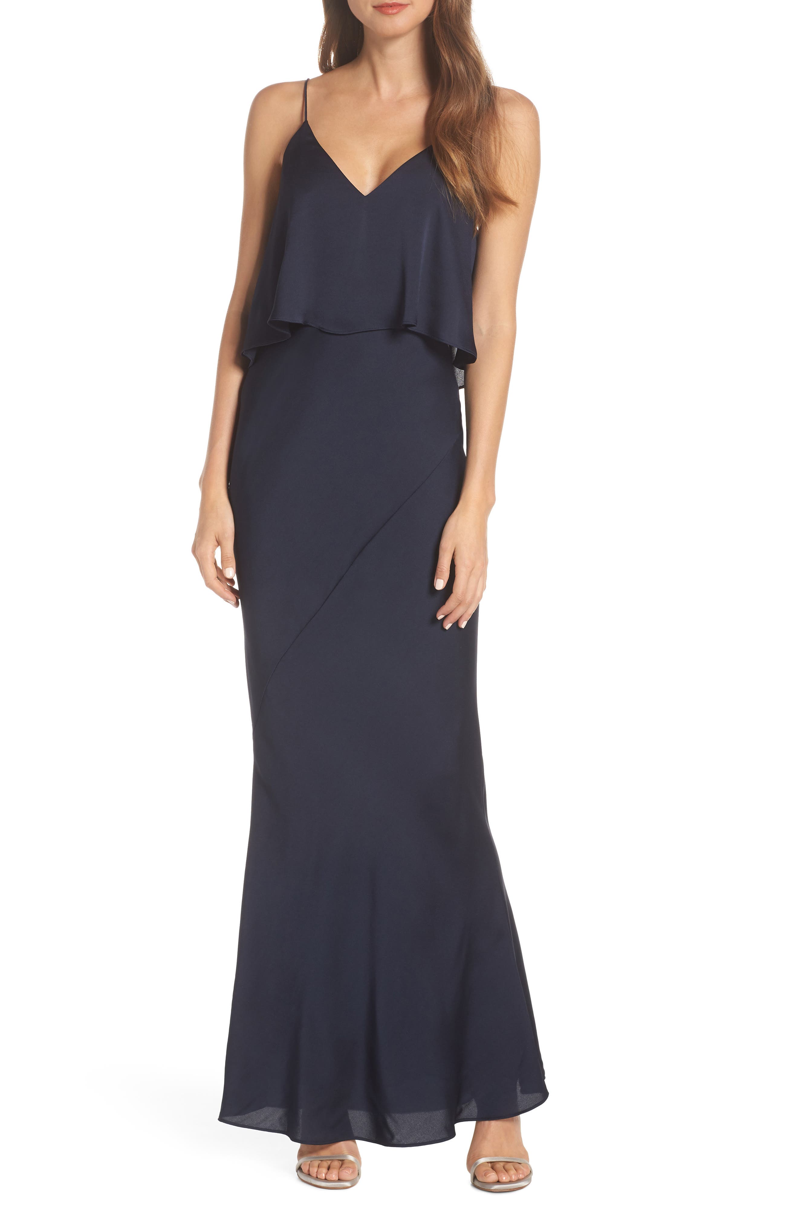 Shona Joy Luxe Frilled Bodice Bias Cut Gown, Blue