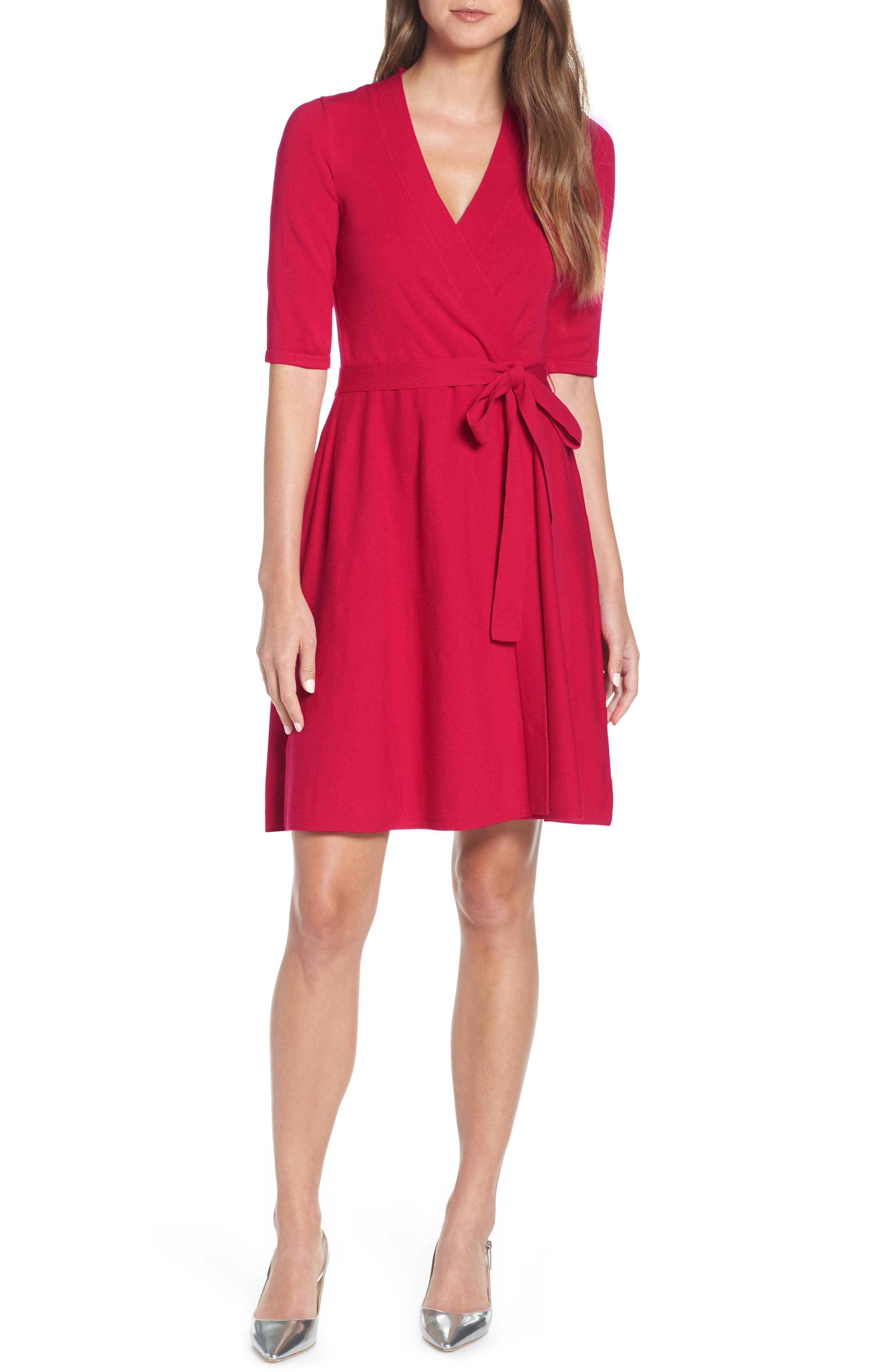Eliza J Fit & Flare Wrap Sweater Dress, Pink