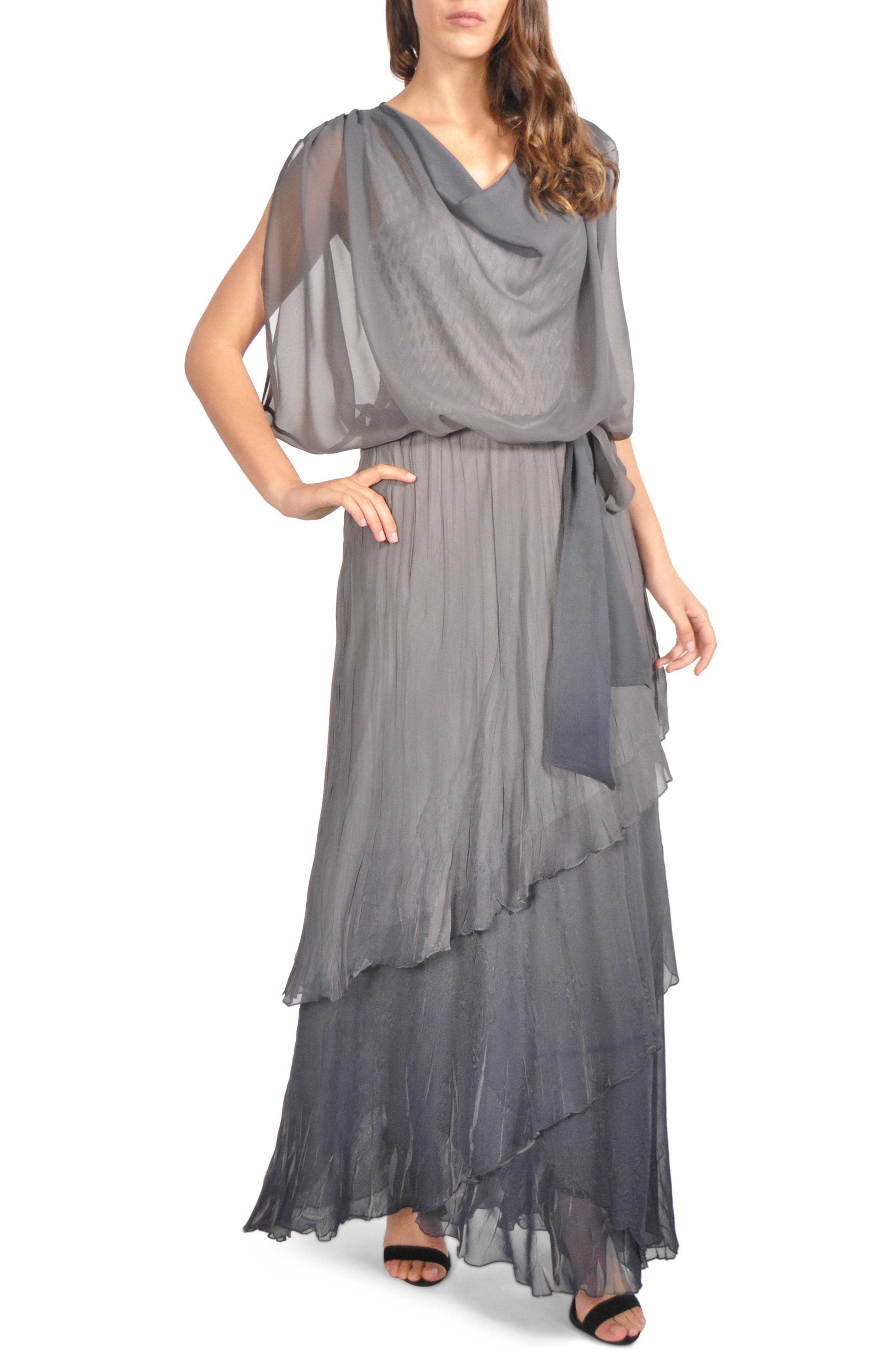 Komarov Drape Chiffon Gown, Grey