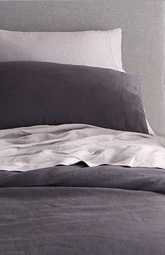 A linen duvet cover and pillowcases.