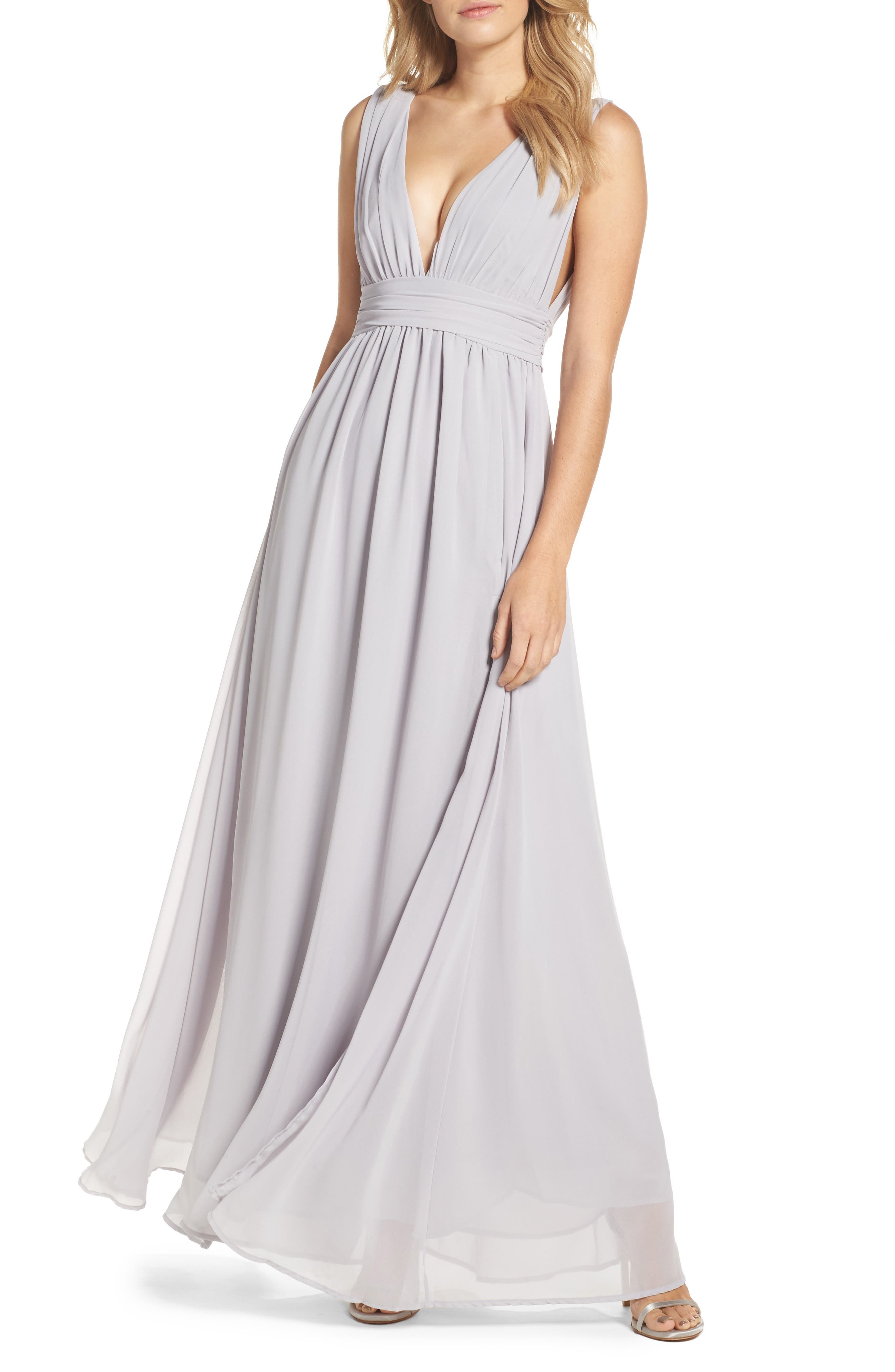 Lulus Plunging V-Neck Chiffon Gown, Grey