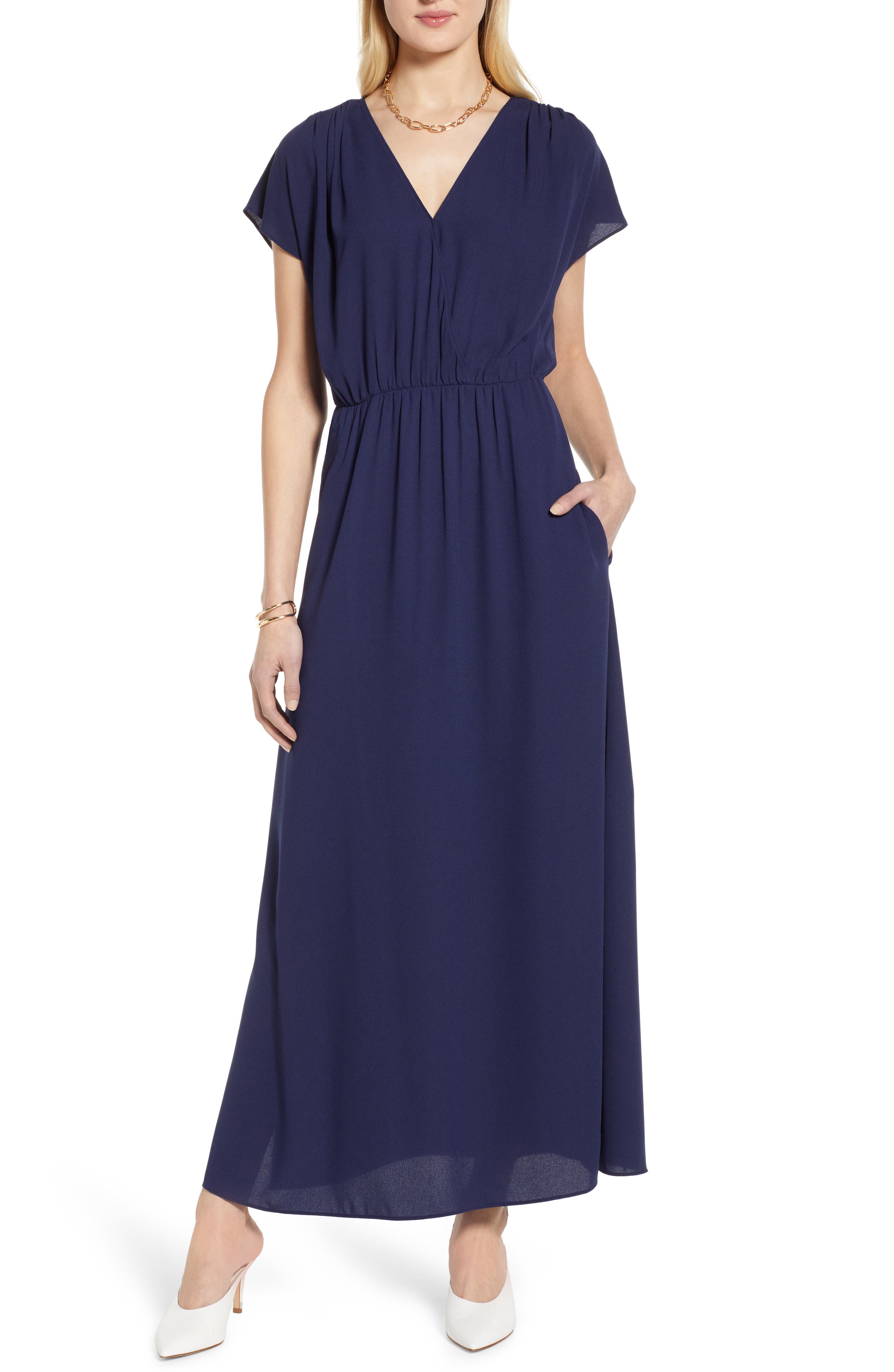 Petite Halogen V-Neck Maxi Dress, Blue