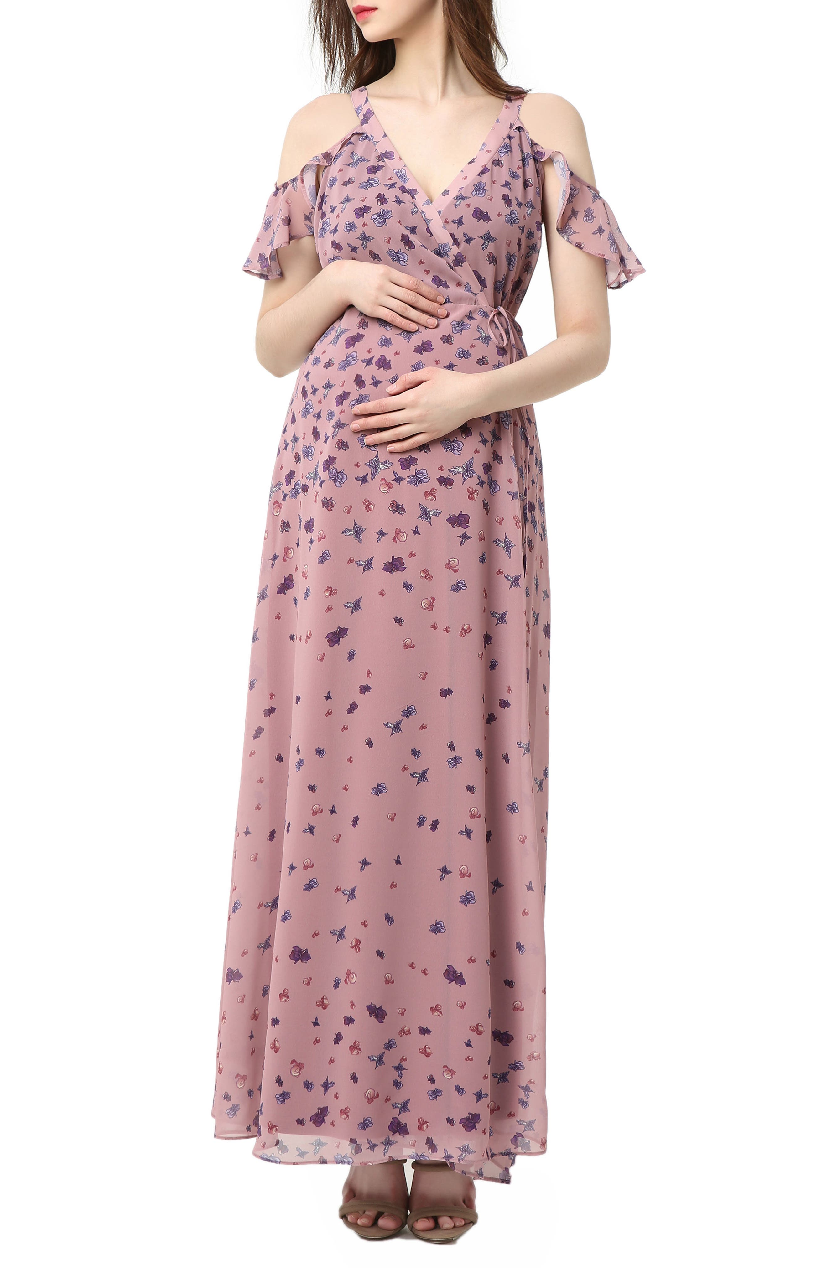 Kimi And Kai Catalina Cold Shoulder Wrap Maxi Maternity Dress, Pink