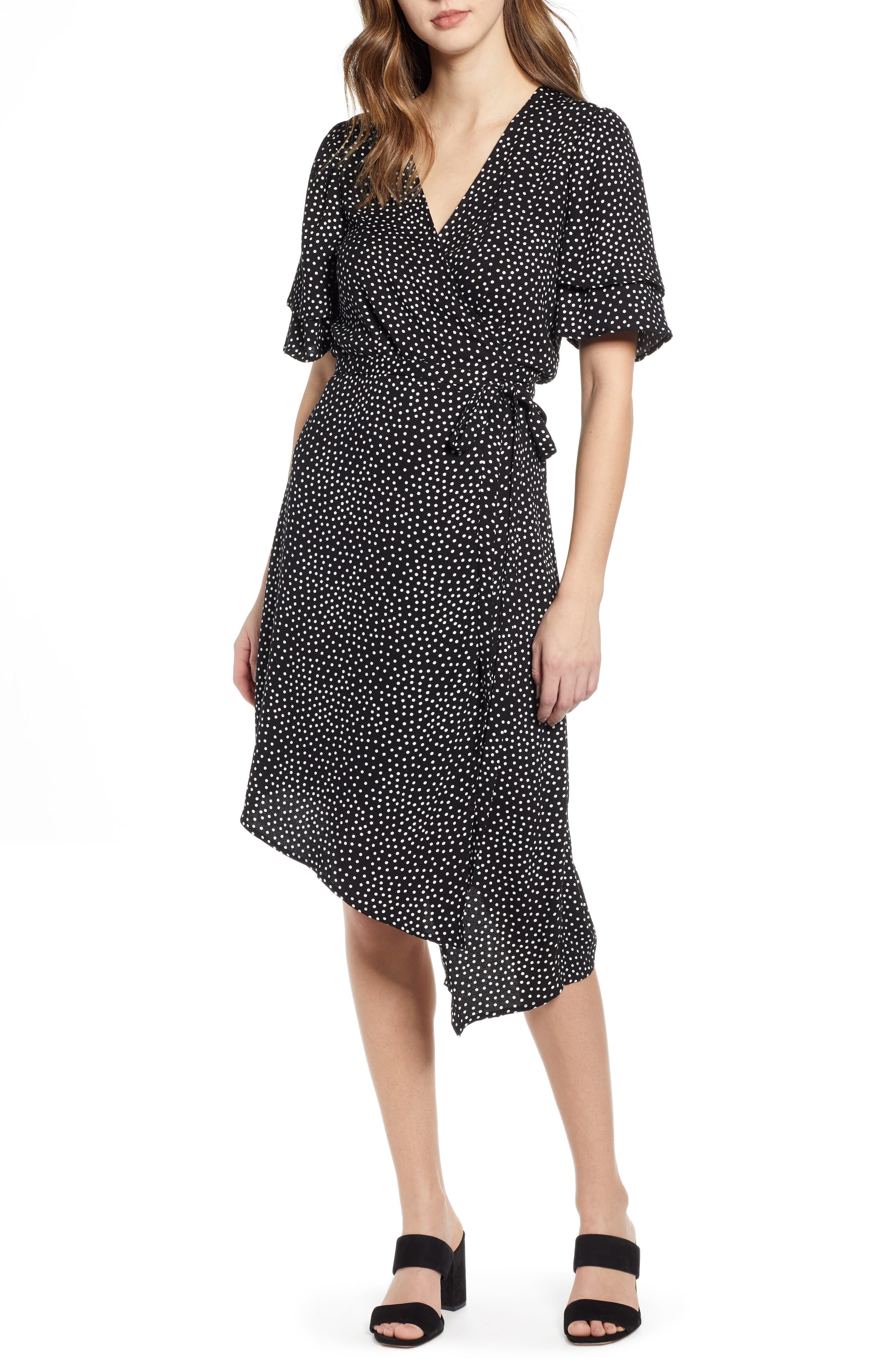 Leith Ruffle Sleeve Wrap Dress, Black