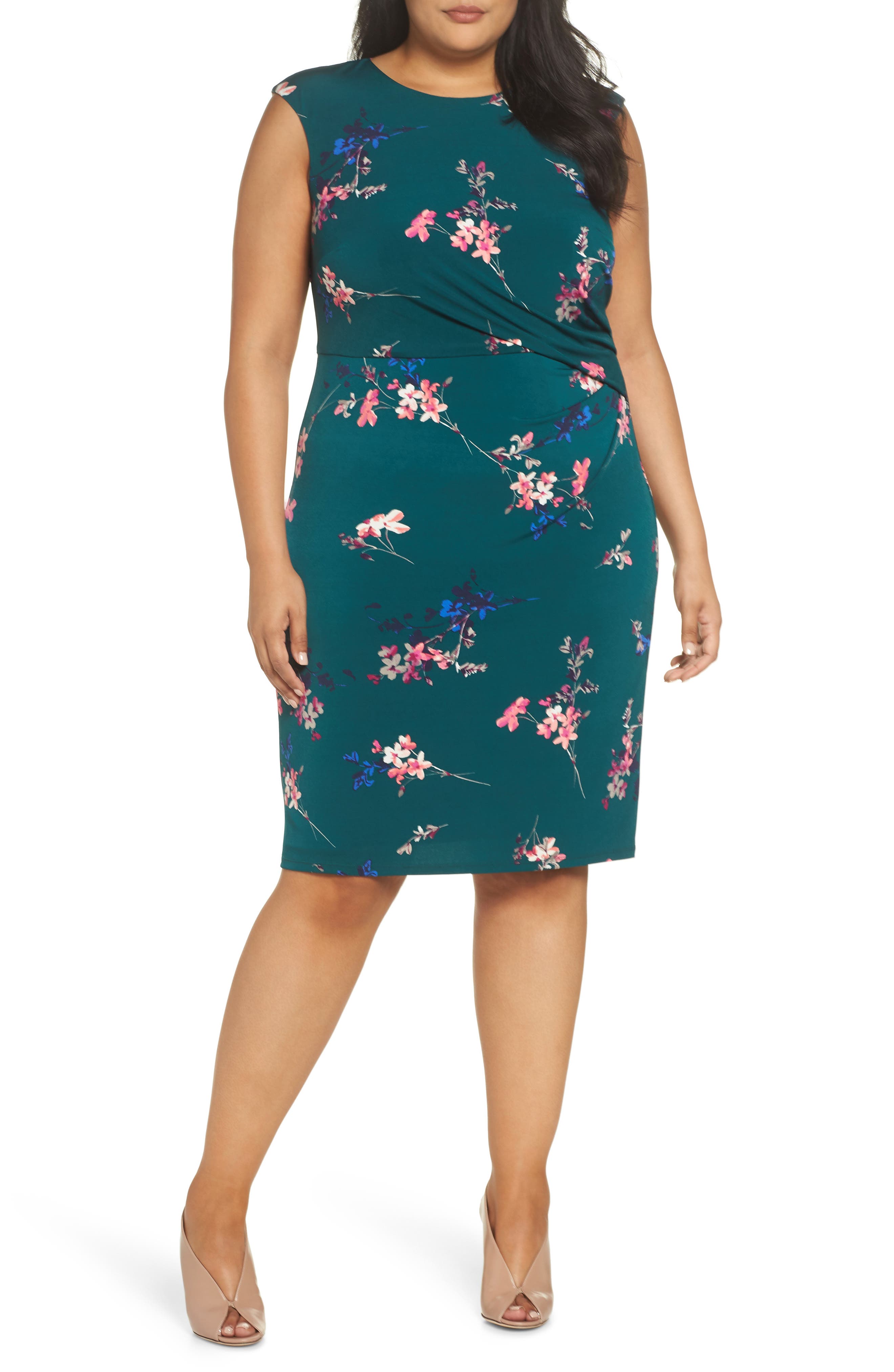 Plus Size Eliza J Floral Print Cap Sleeve Sheath Dress, Green