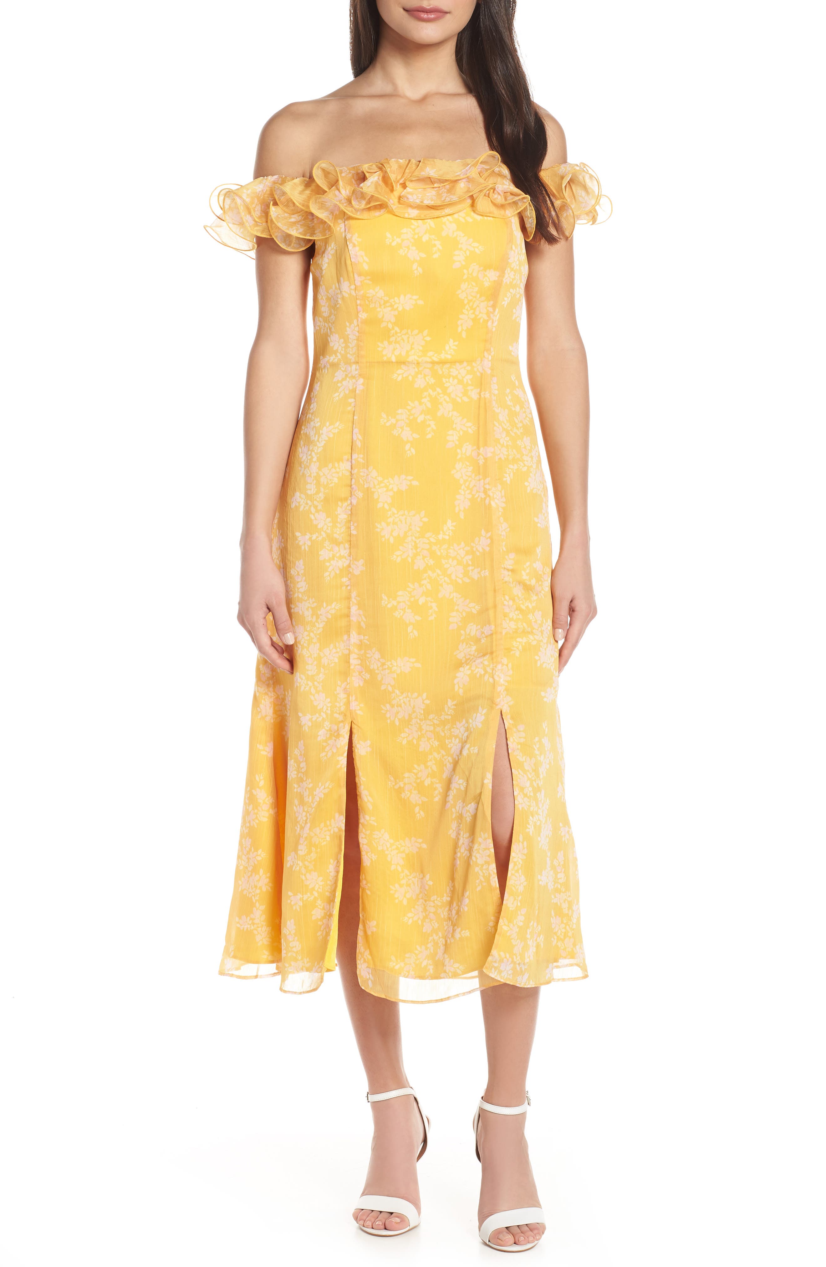 Keepsake The Label Embrace Ruffled Off The Shoulder Midi Dress, Yellow