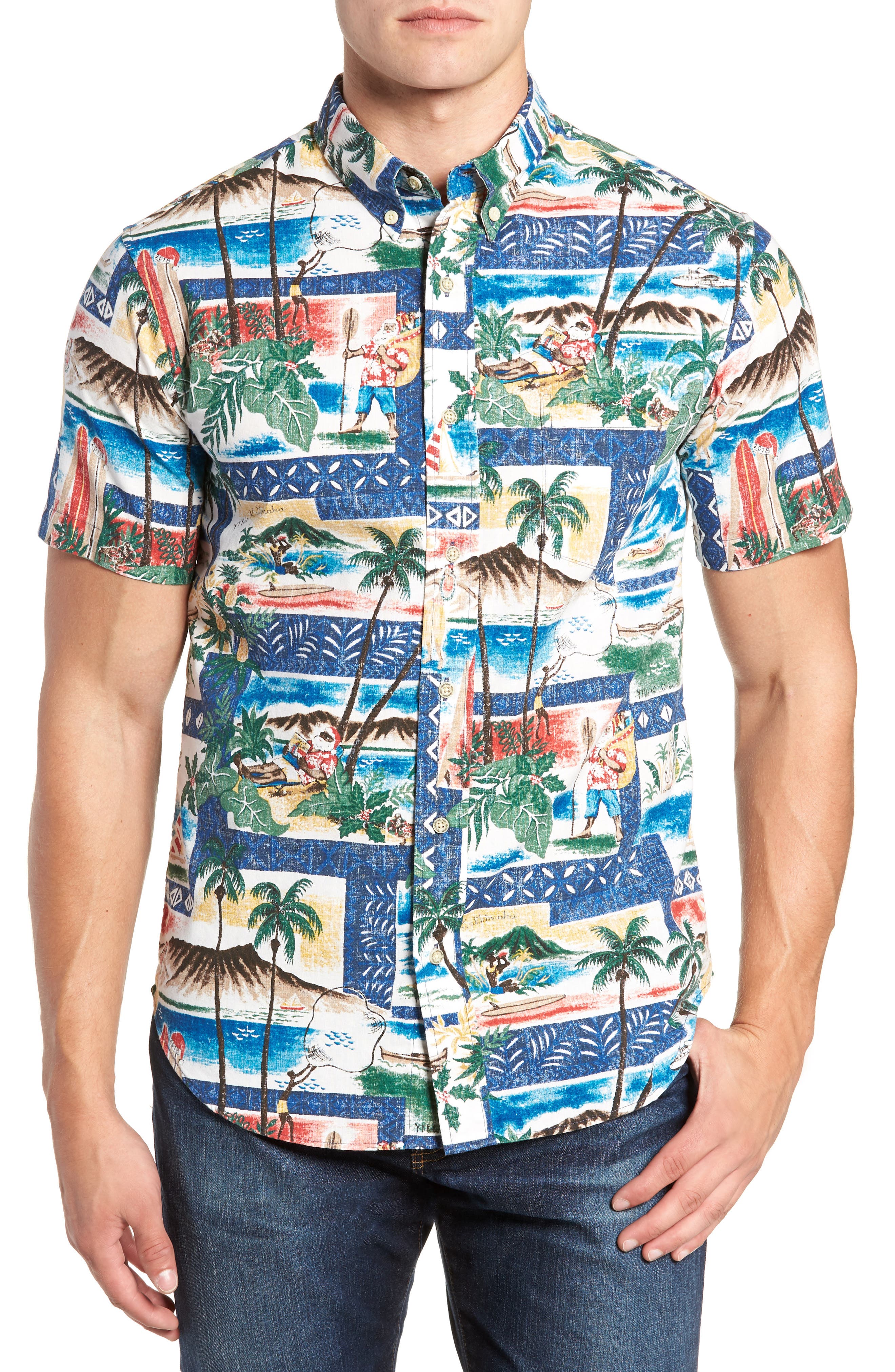 Reyn Spooner Hawaiian Christmas 2018 Tailored Fit Sport Shirt, Blue