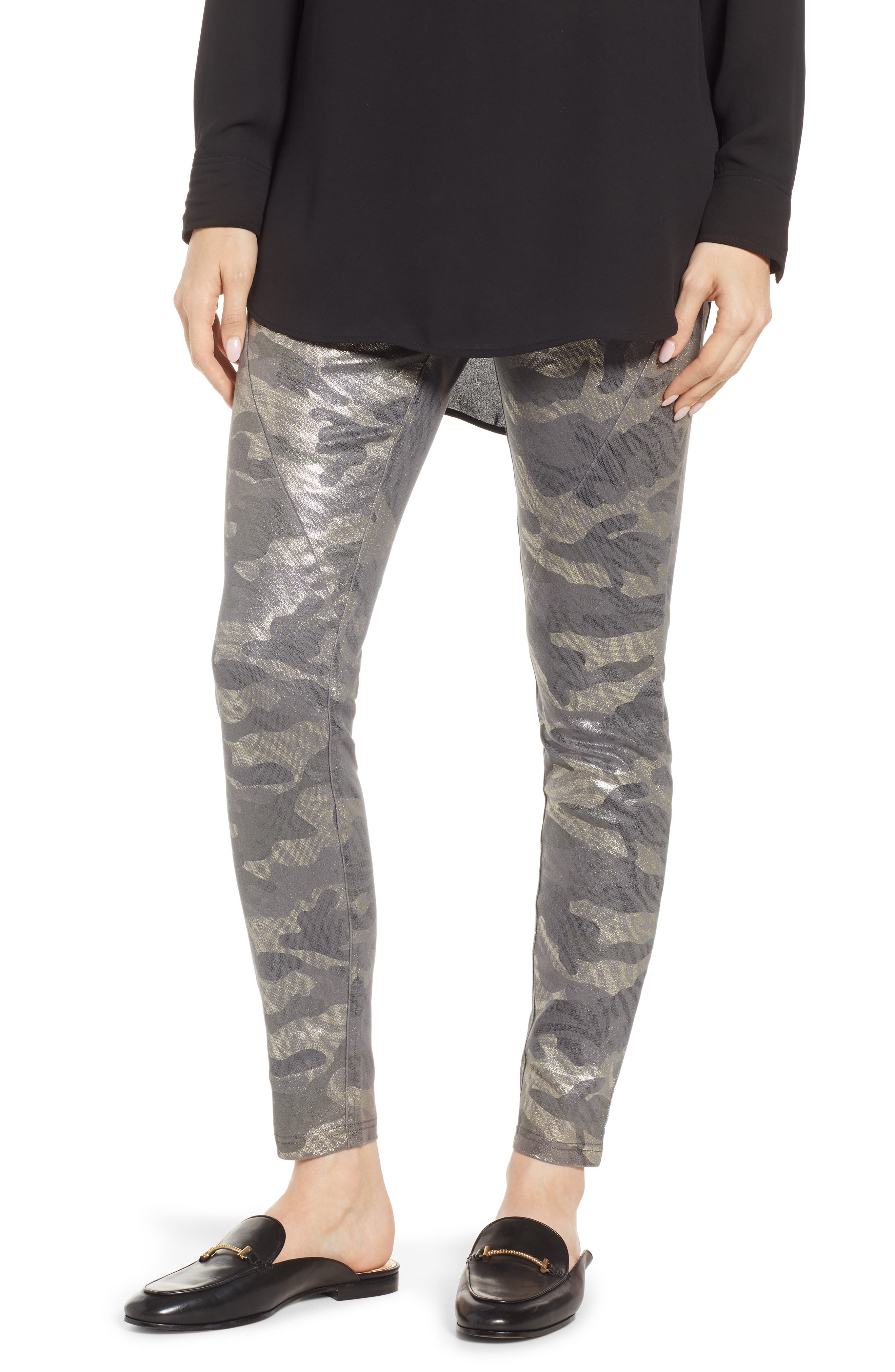 Hue Camo Print Metallic Leggings, Grey