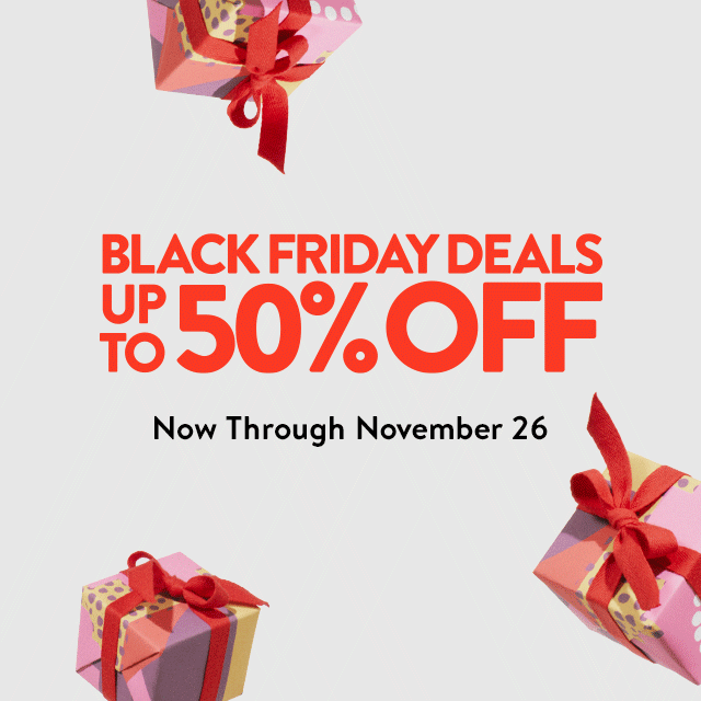 Black Friday deals up to 50% off. Gift boxes in the air.