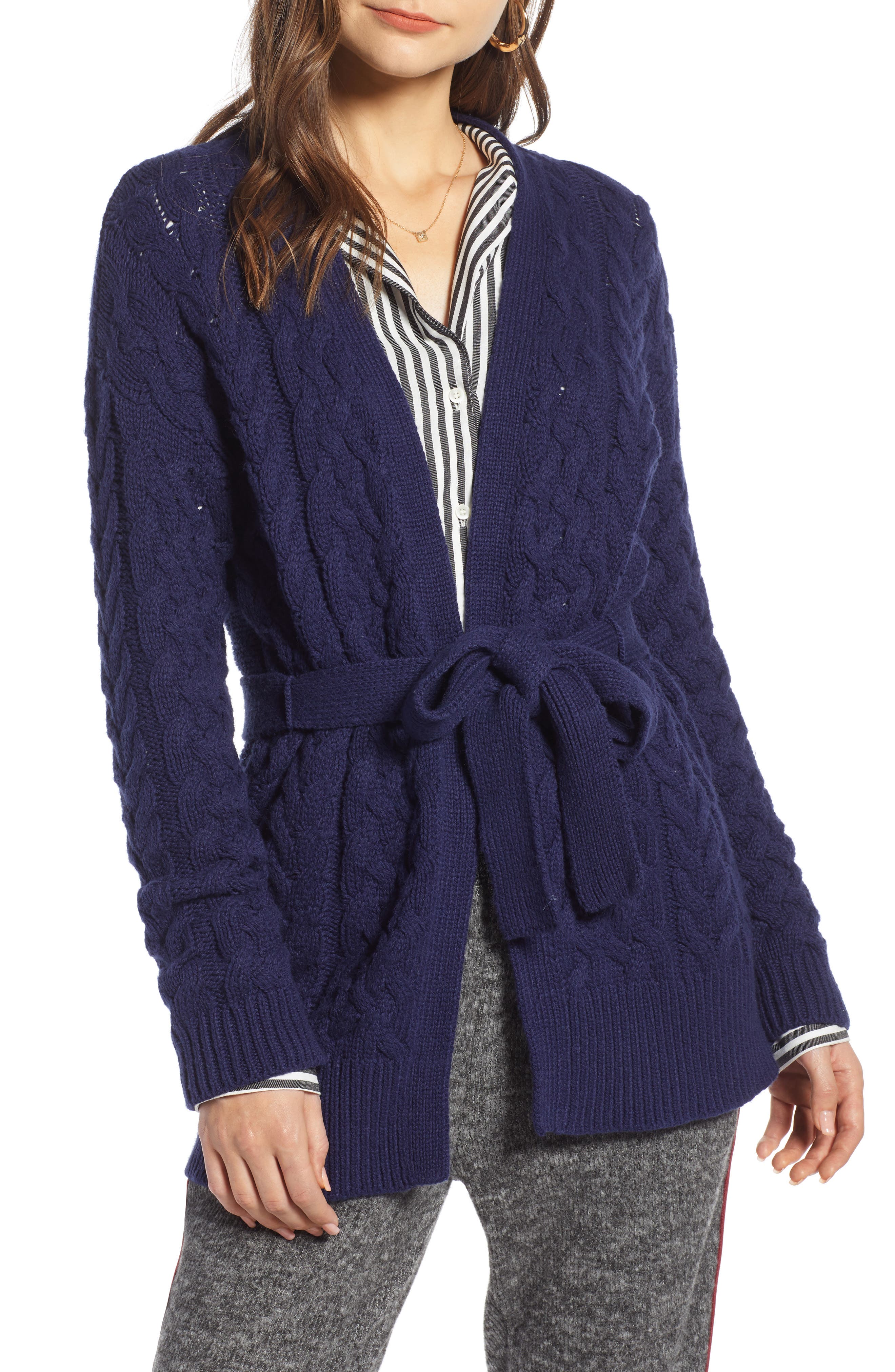 Treasure & Bond Cable Knit Belted Wrap Cardigan, Blue