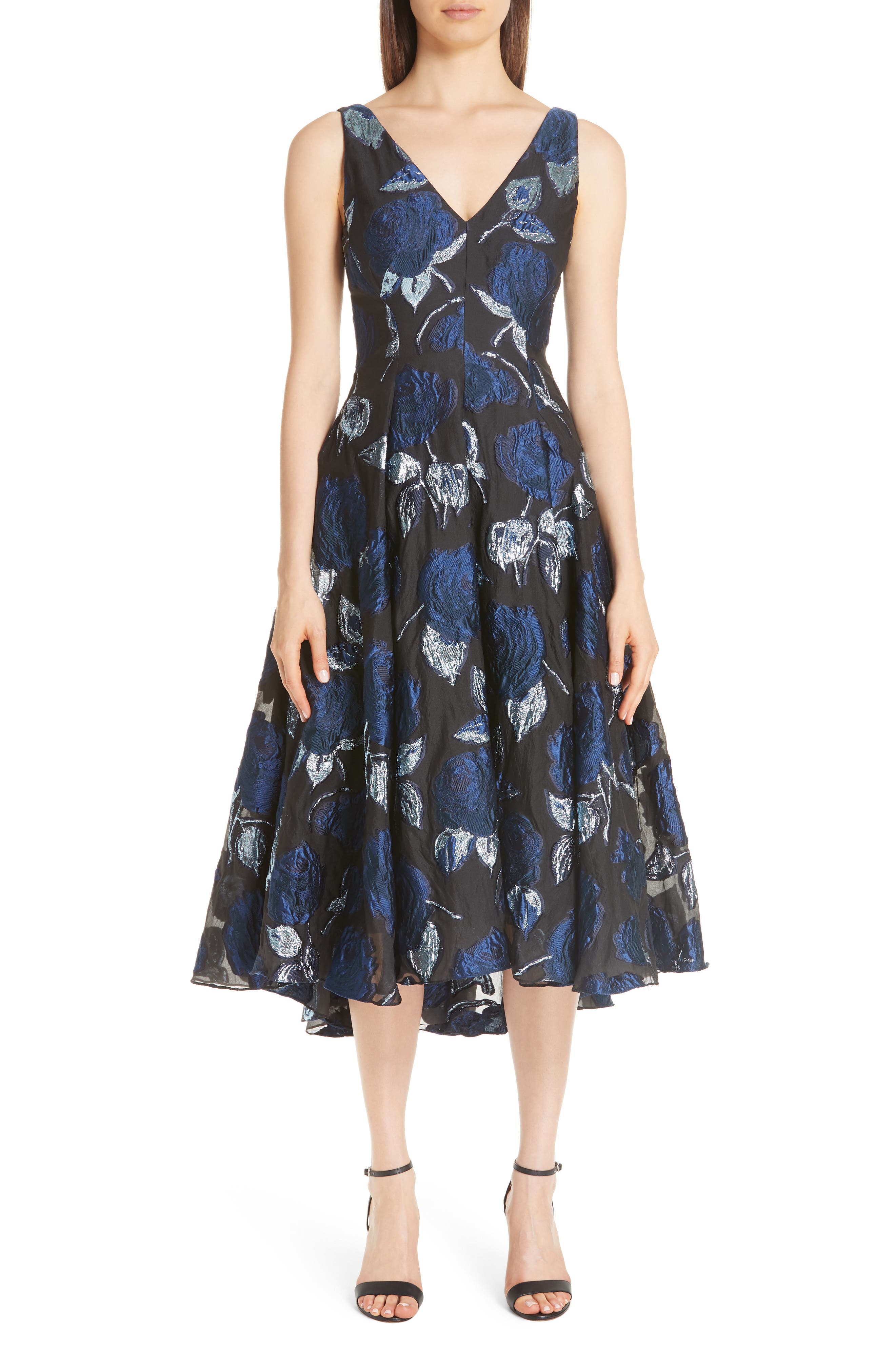Lela Rose Metallic Floral Fil Coupe Fit & Flare Midi Dress, Blue