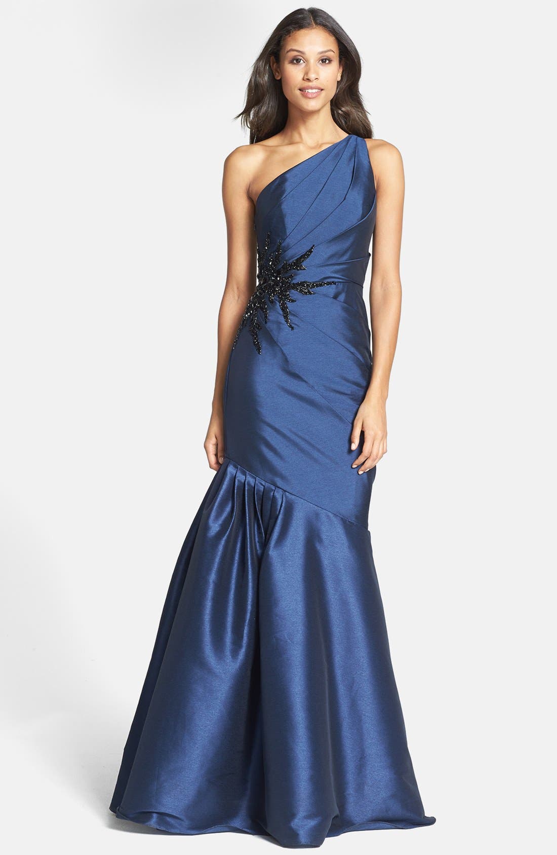 ML Monique Lhuillier Embellished One-Shoulder Faille Mermaid Gown