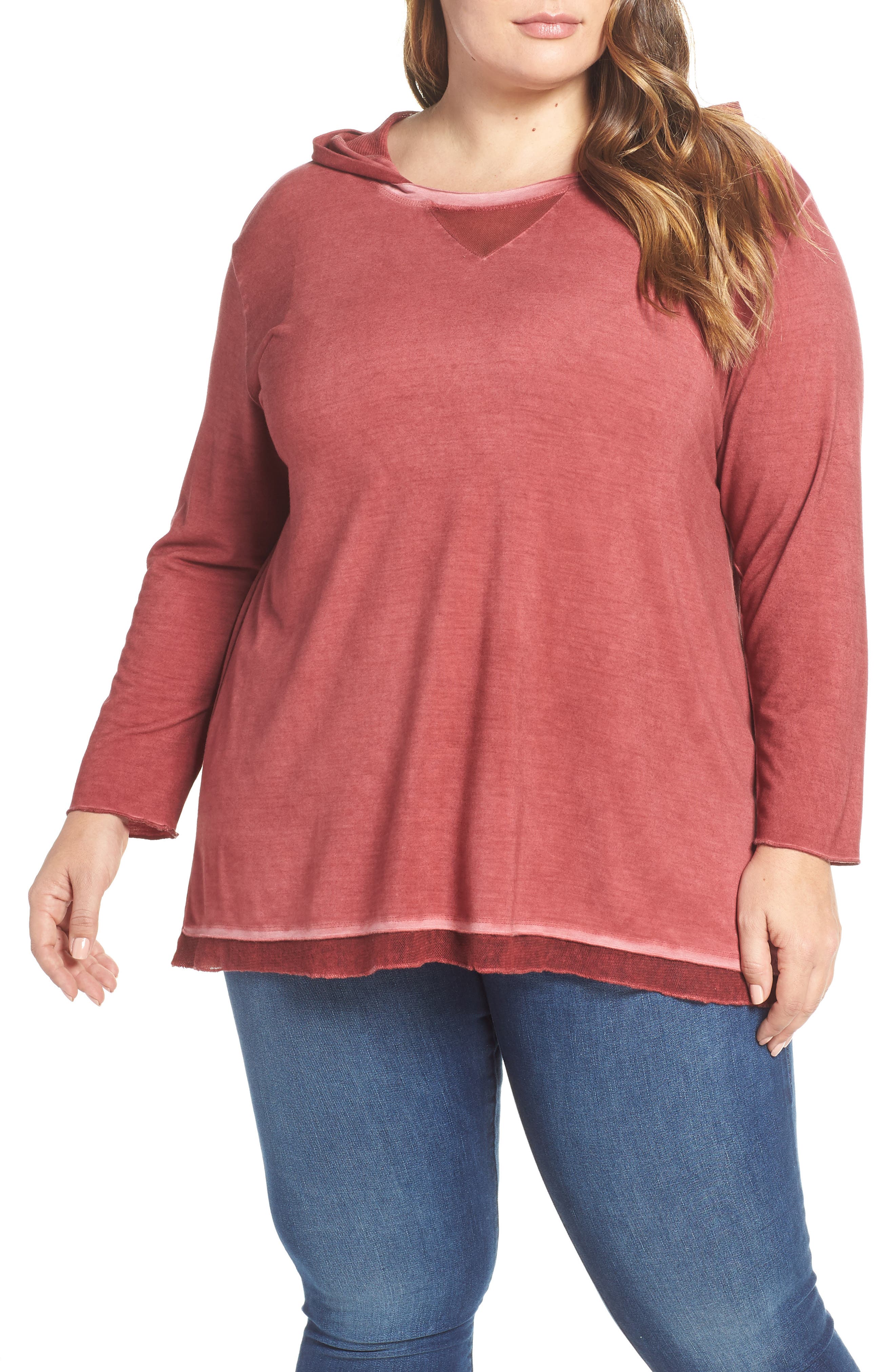 Plus Size Dantelle Oil Dye Knit Hooded Top, Red