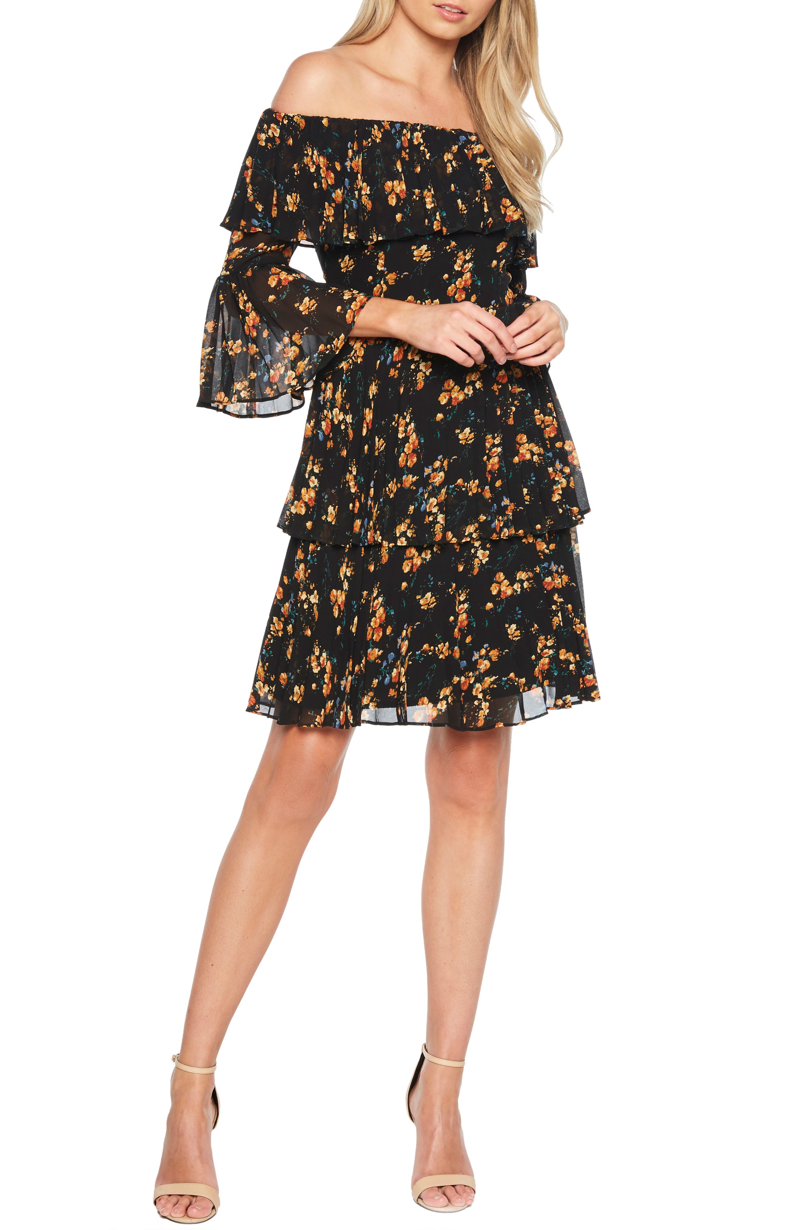 Bardot Ditsy Pleated Off The Shoulder Dress, Black