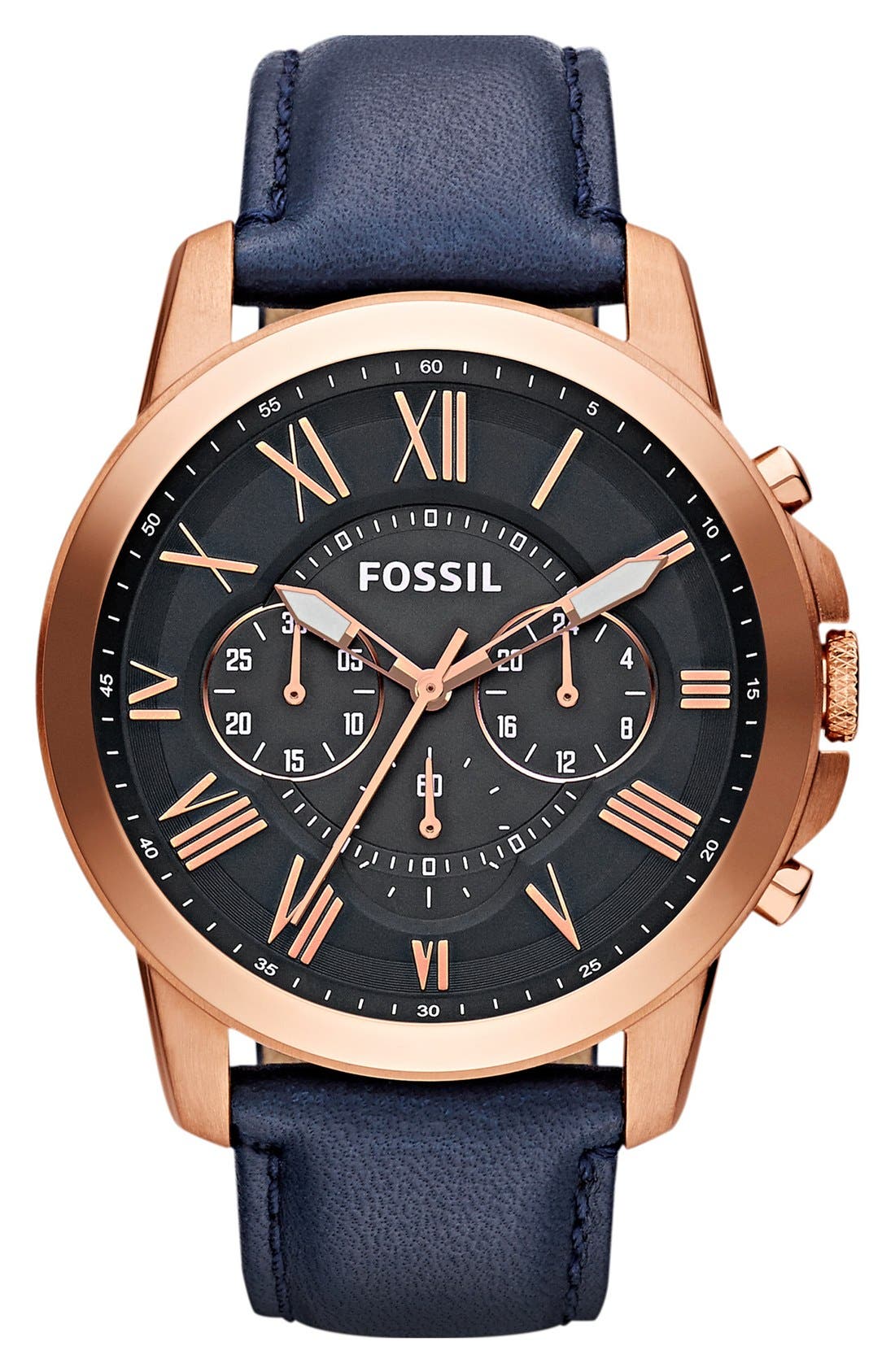UPC 796483033290 product image for Fossil 'Grant' Round Chronograph Leather Strap Watch, 44mm Navy/ Rose Gold One S | upcitemdb.com