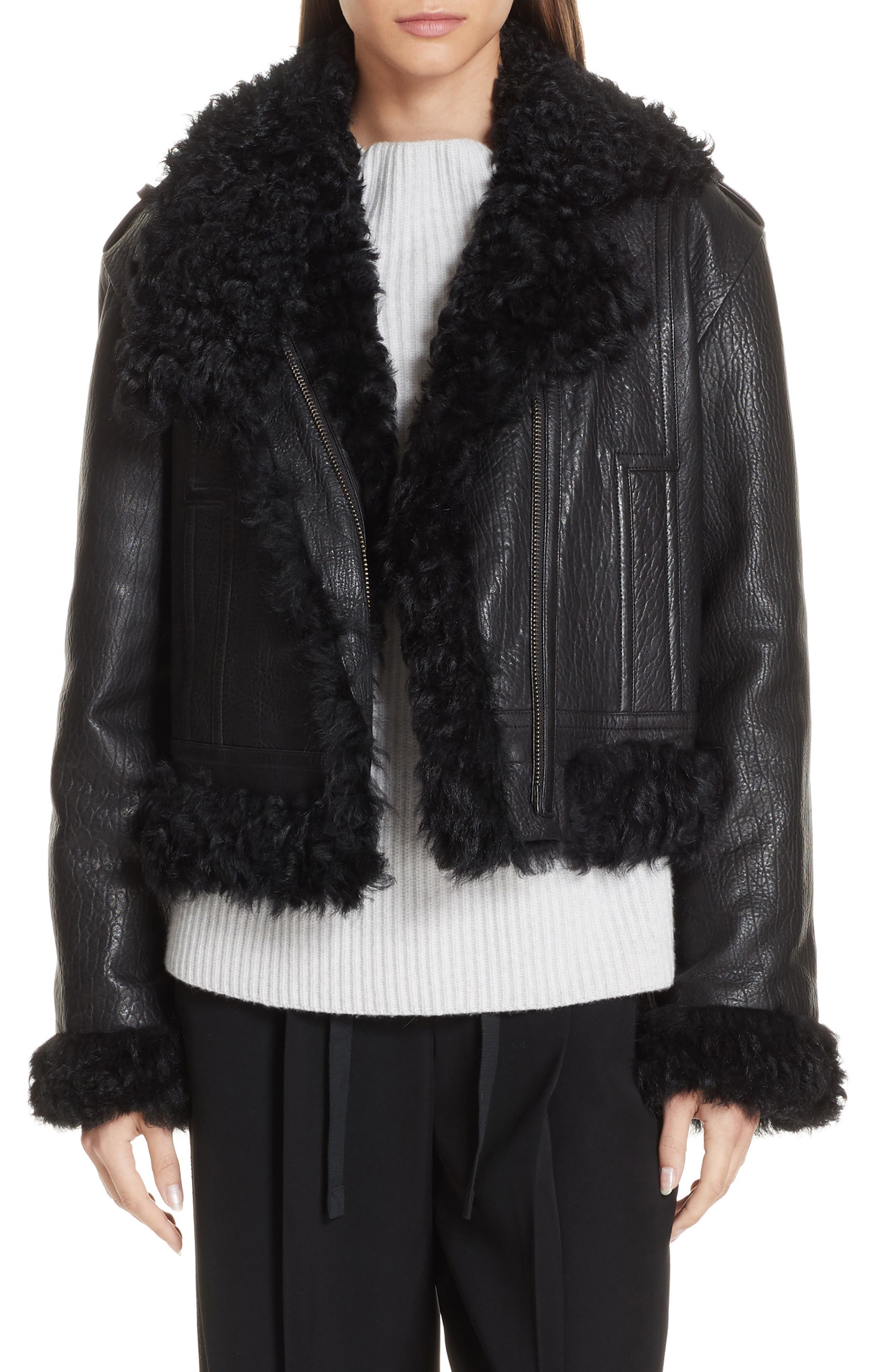 Vince Leather & Genuine Shearling Moto Jacket, Black