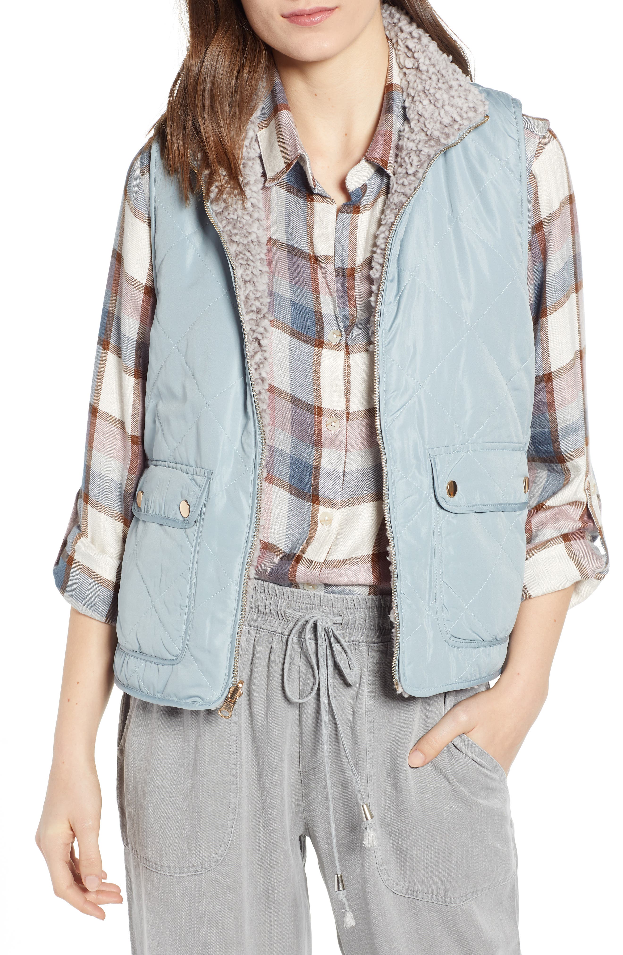 Thread & Supply Reversible Fleece Lined Quilted Vest, Grey