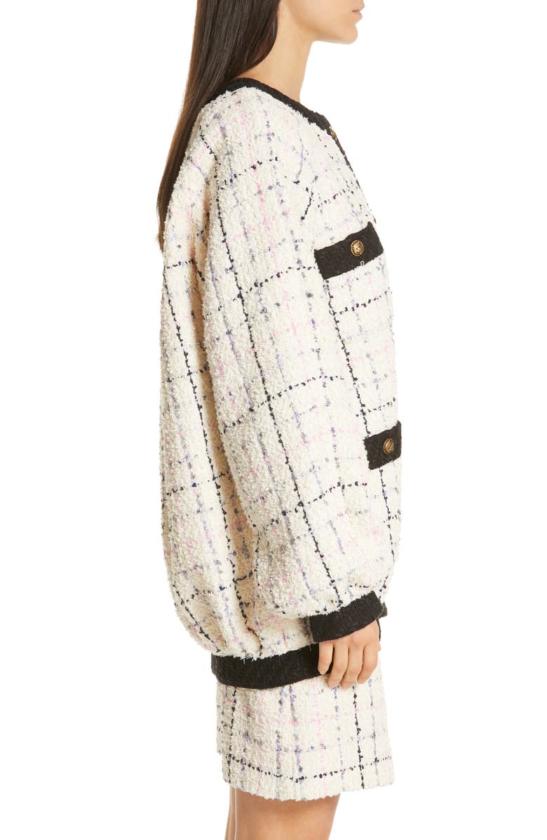 Shop Gucci Oversize Tweed Bomber Jacket In 9283 Ivory Pink Light Blu