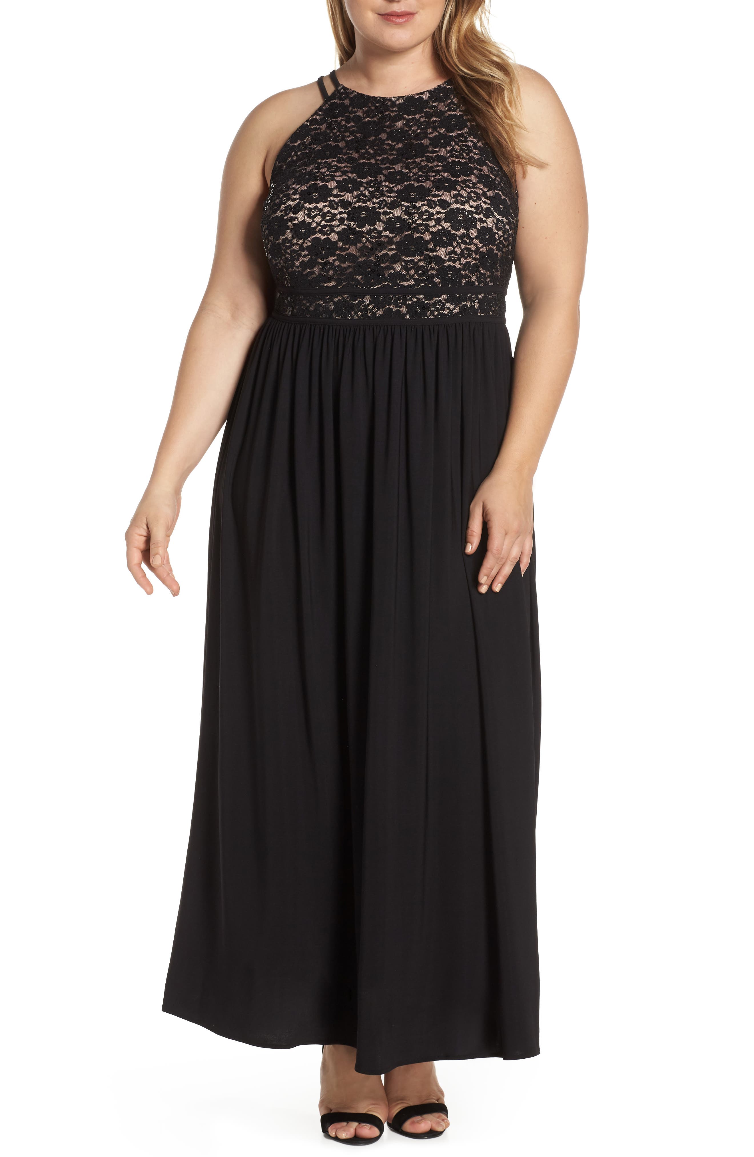 Plus Size Morgan & Co. Lace Bodice Evening Dress, Black