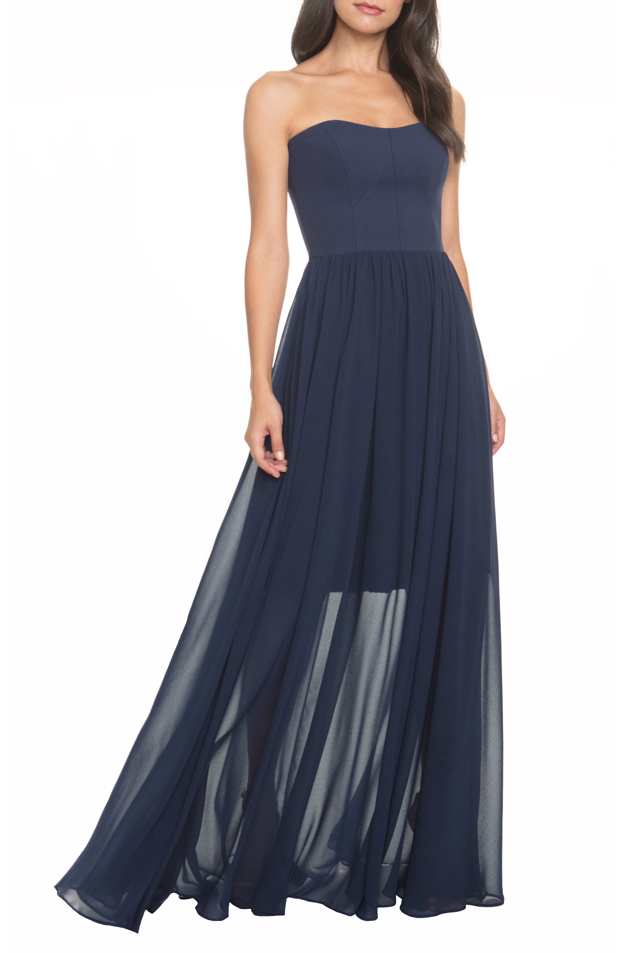 Dress The Population Ella Strapless Crepe Chiffon Gown, Blue