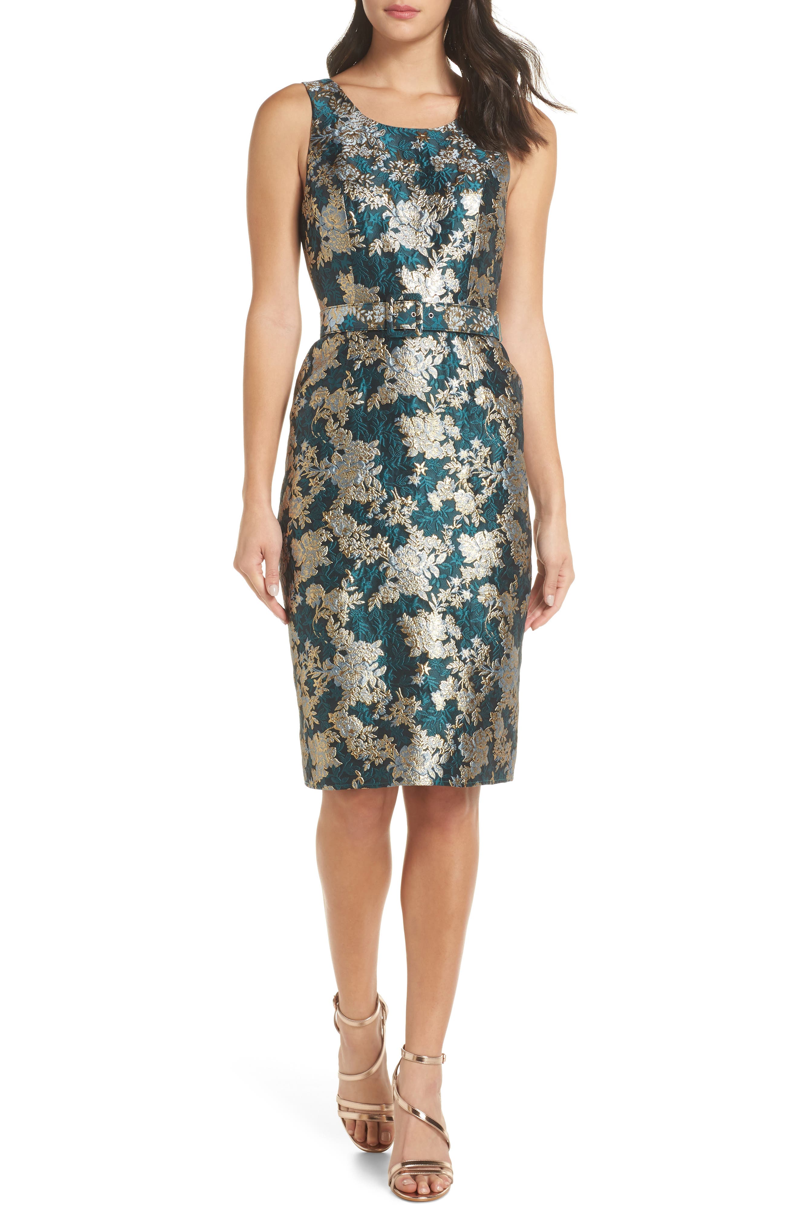 Charles Henry Belted Jacquard A-Line Dress, Blue/green