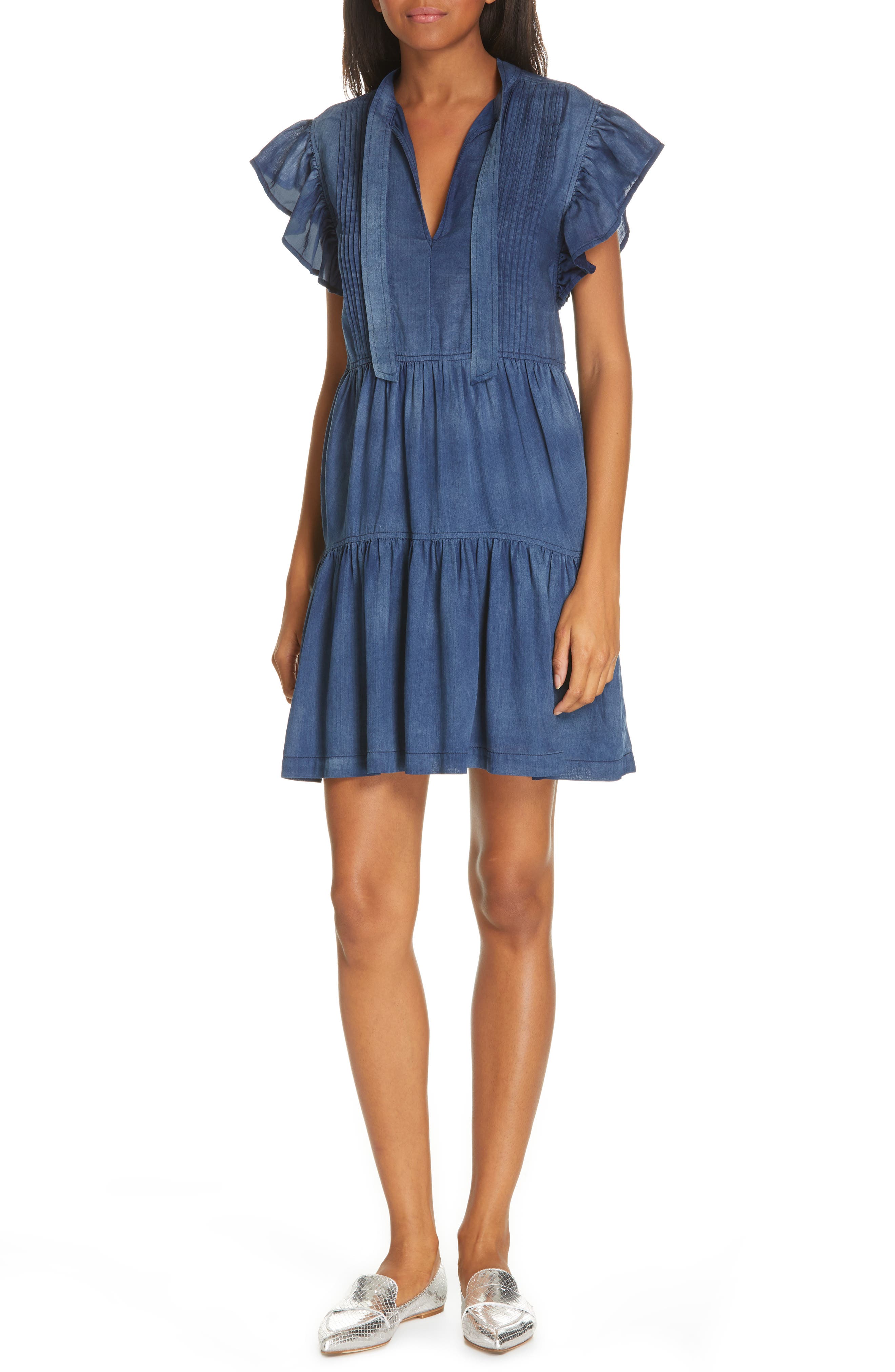 La Vie Rebecca Taylor Ruffle Sleeve Dress, Blue