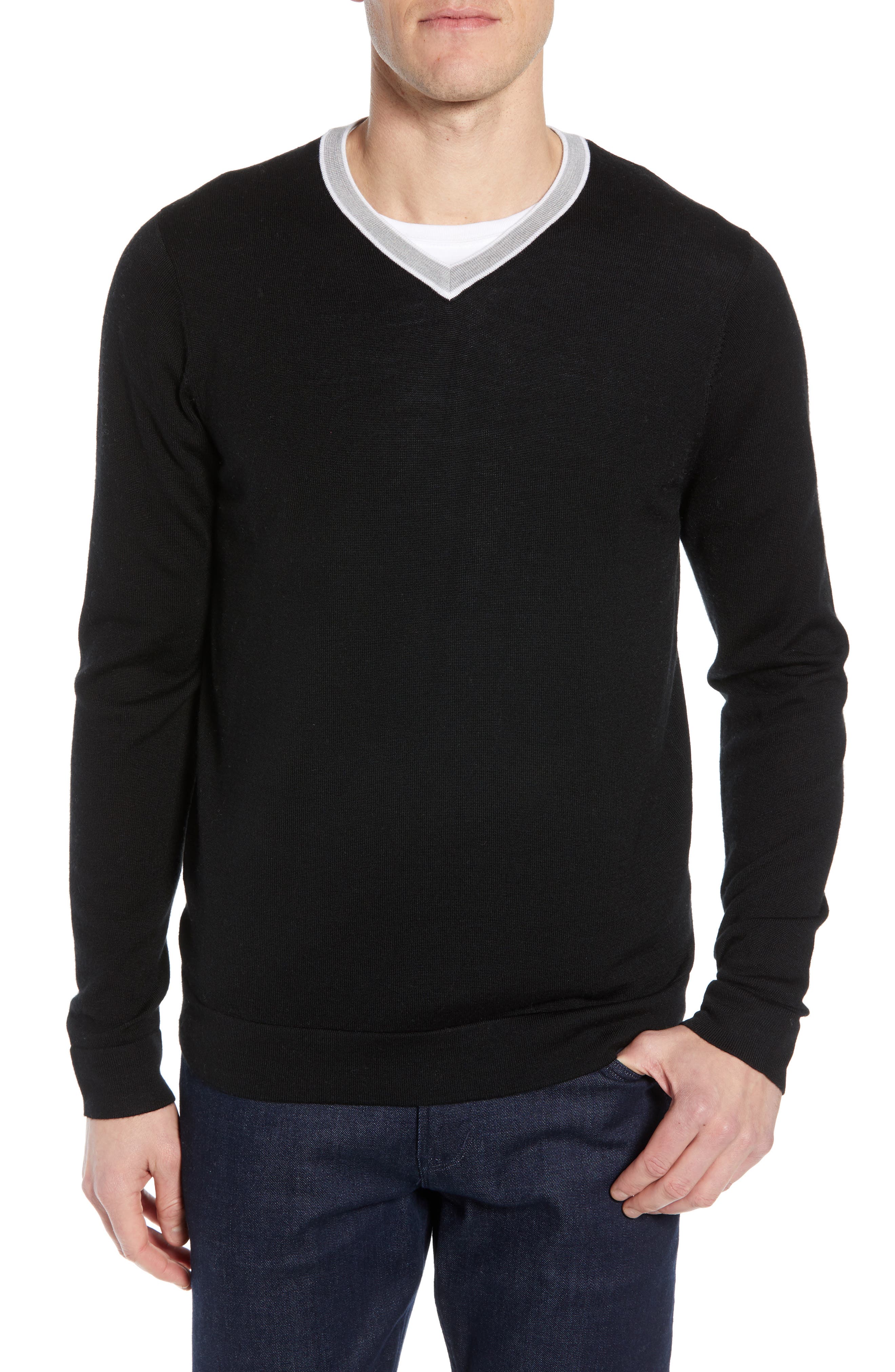 Nordstrom Signature Varsity Merino Wool Blend V-Neck Sweater