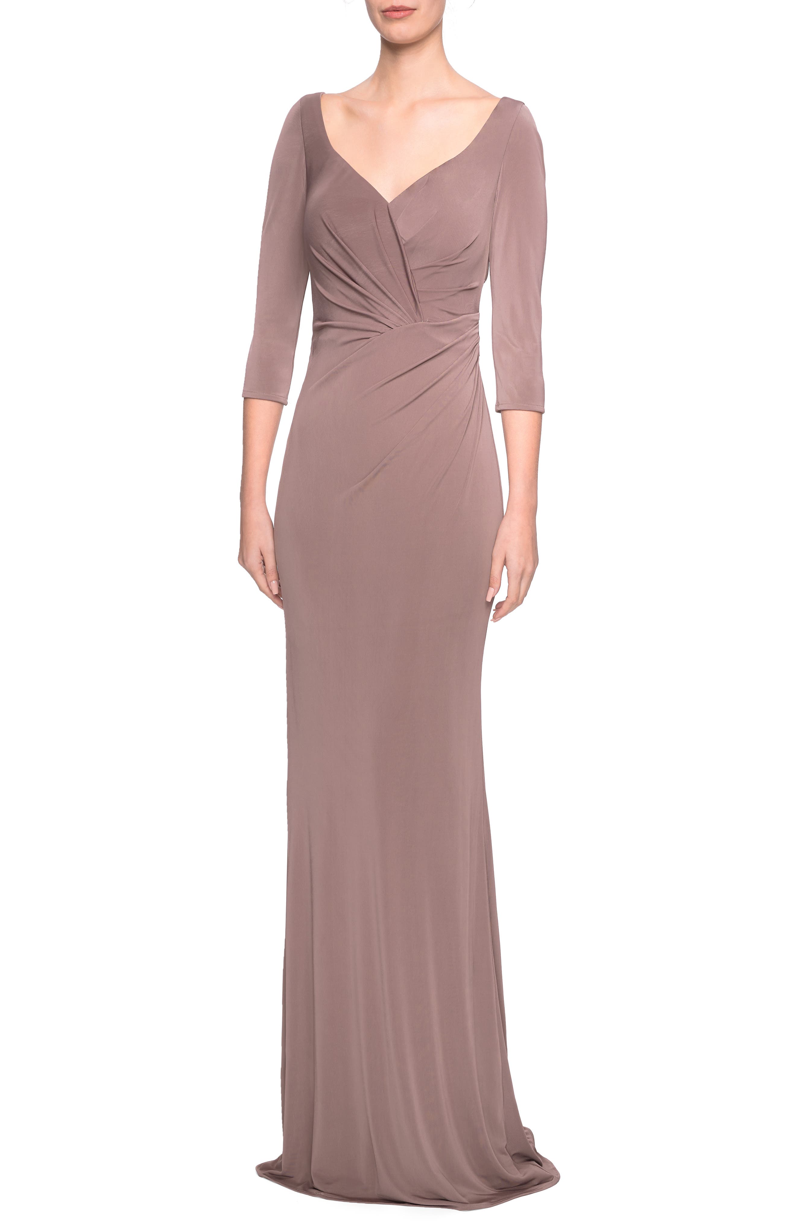 La Femme Ruched Jersey Evening Dress, Brown