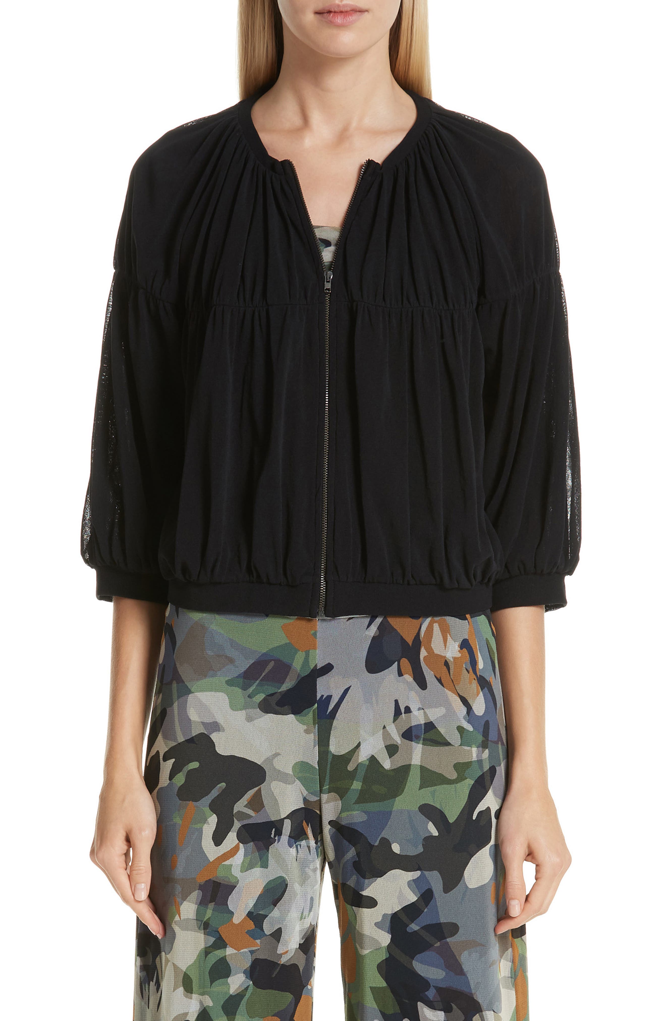 Fuzzi Ruched Tulle Bomber Jacket, Black