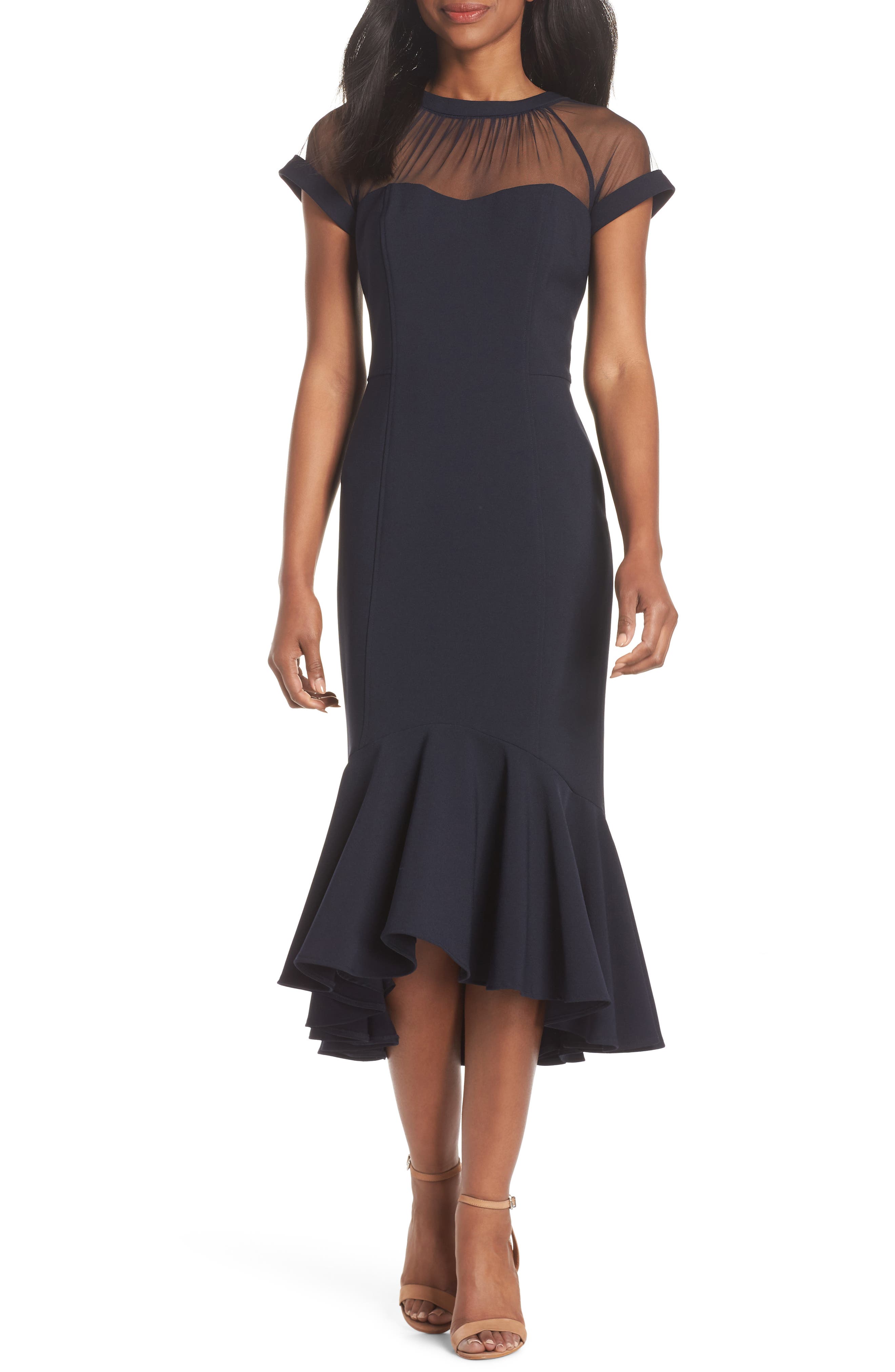 Petite Maggy London Illusion Neck Crepe Midi Dress, Blue
