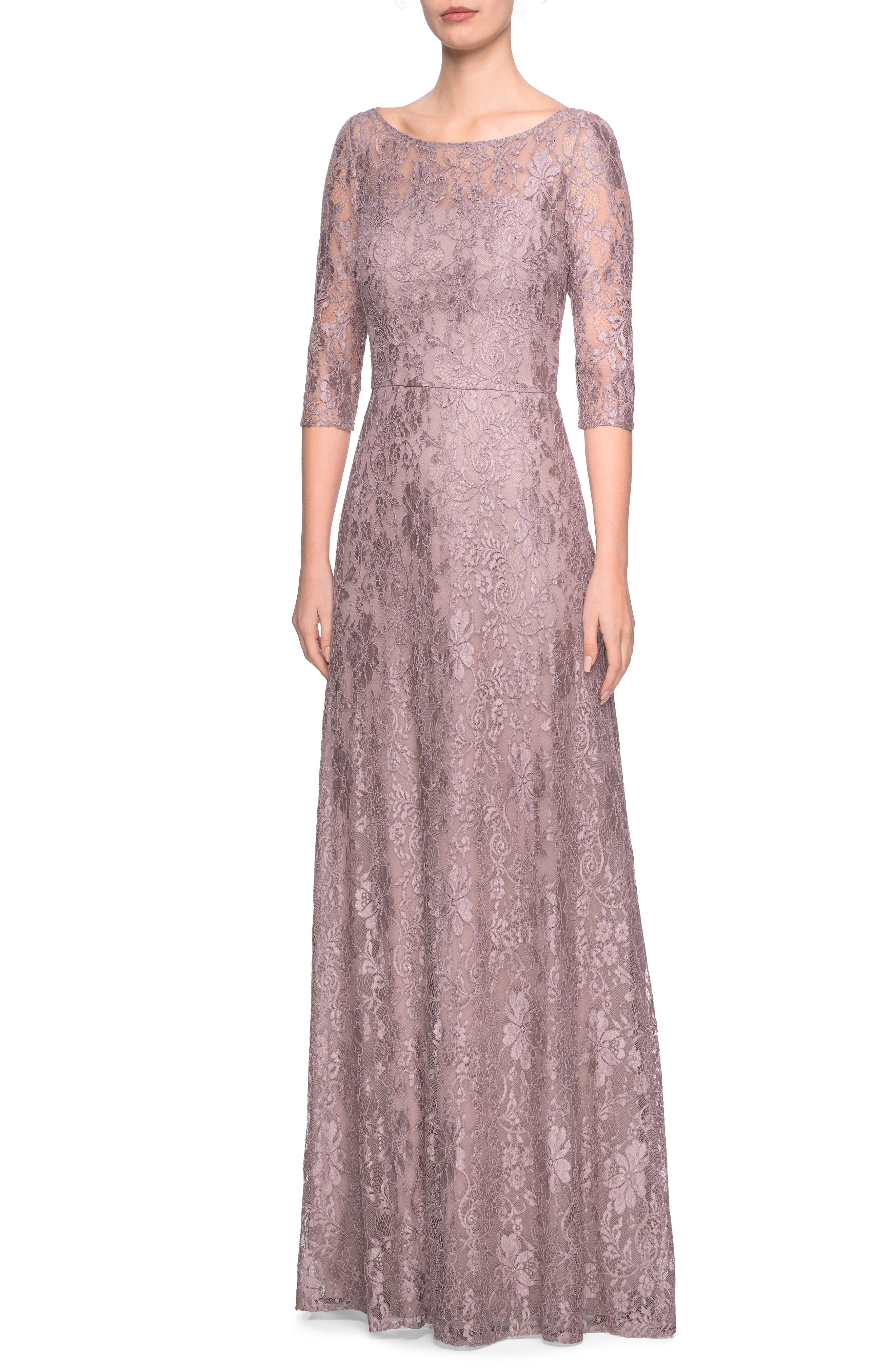 La Femme Lace Evening Dress, Brown