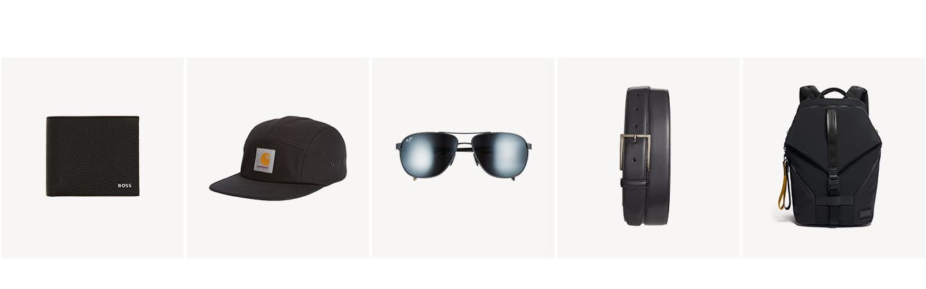 Black wallet from BOSS. Black camp cap. Aviator sunglasses. Black leather belt. Black backpack.