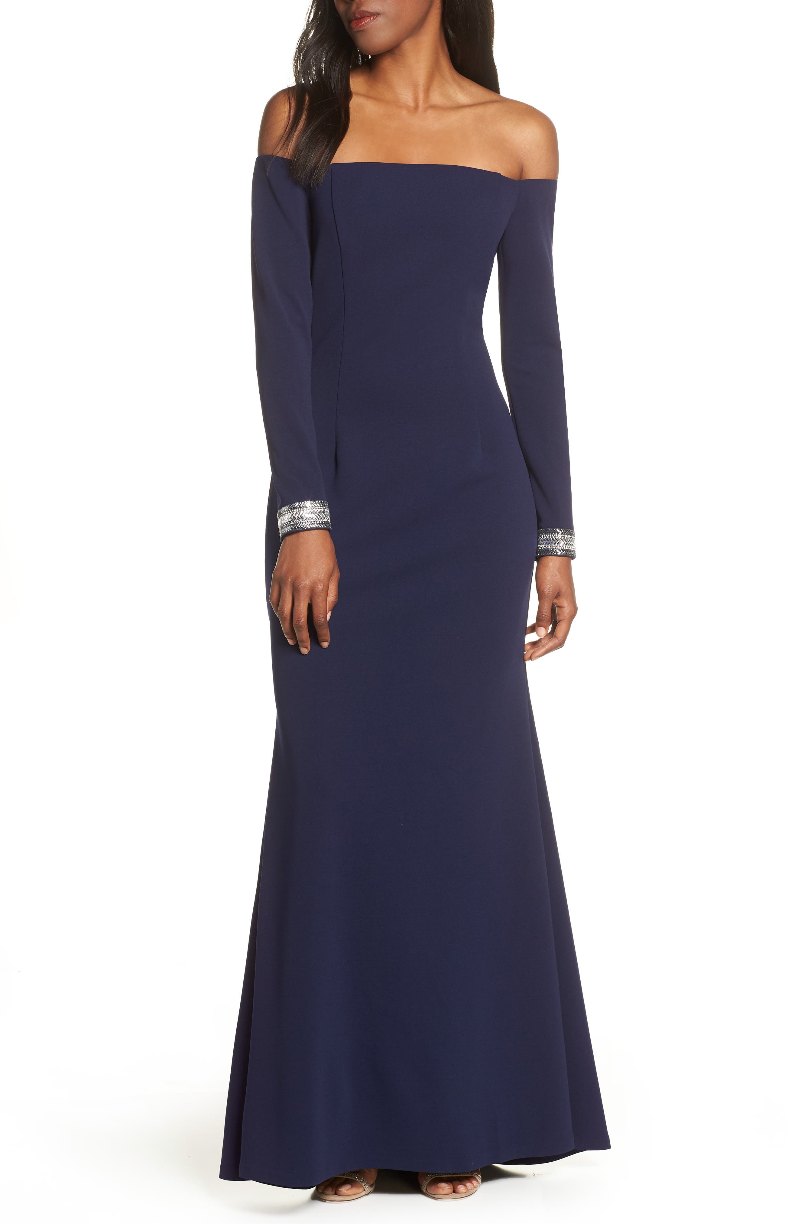 Petite Vince Camuto Crystal Cuff Off The Shoulder Long Sleeve Crepe Dress, Blue