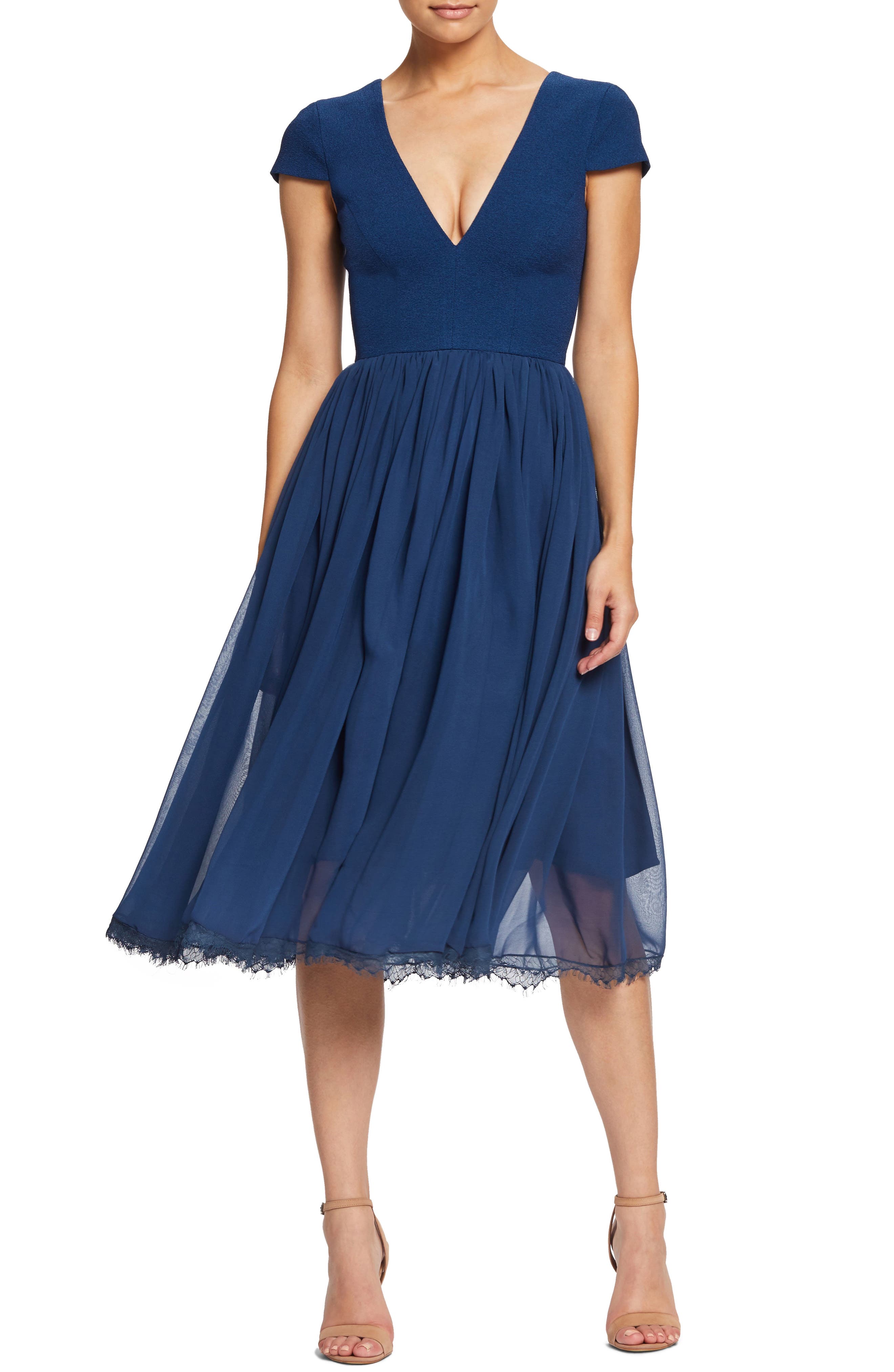 Dress The Population Corey Chiffon Fit & Flare Dress, Blue