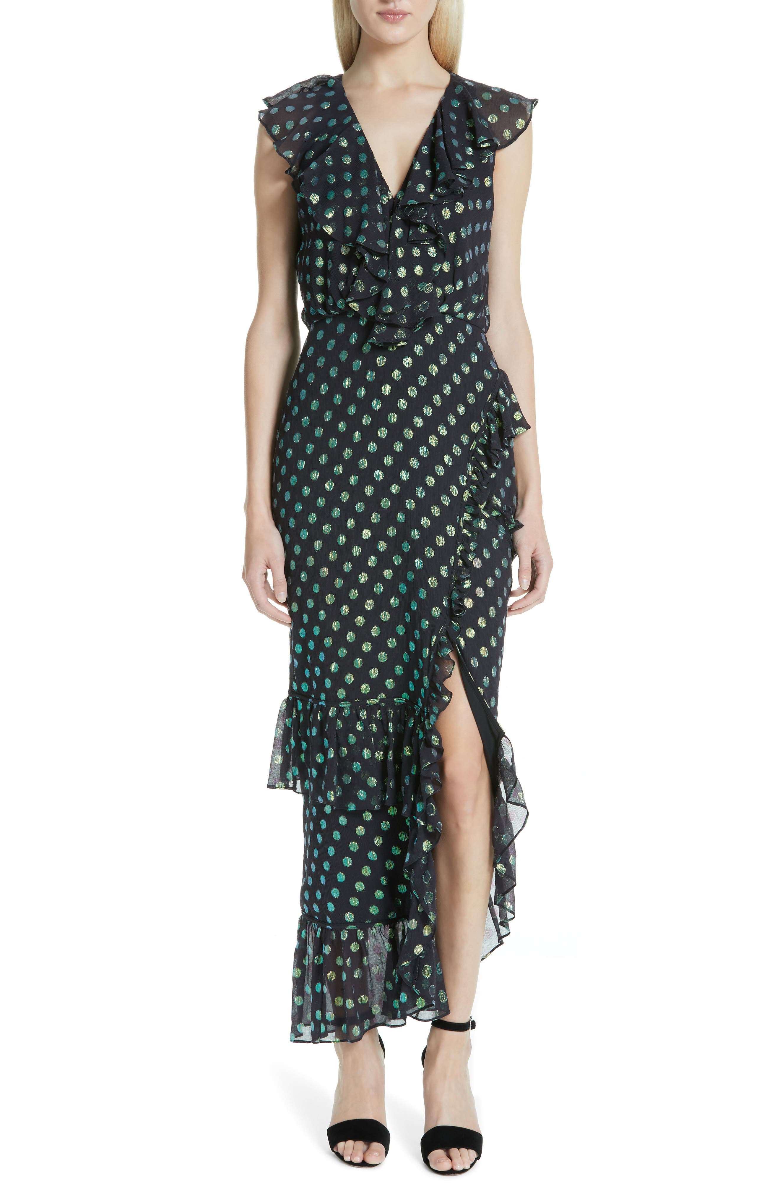 Saloni Anita Ruffle Trim Silk Burnout Dress, Black