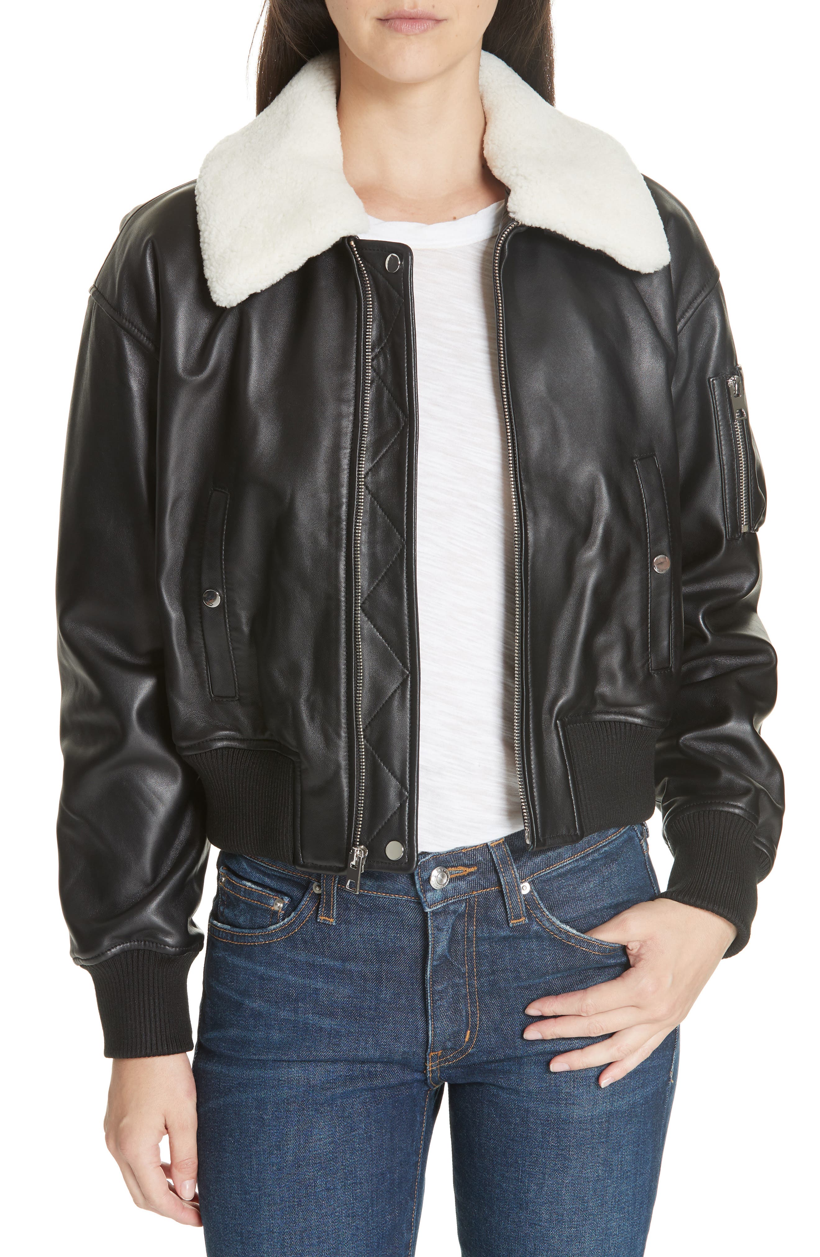 Derek Lam 10 Crosby Cropped Leather Flight Jacket With Genuine Shearling Removable Trim, Black