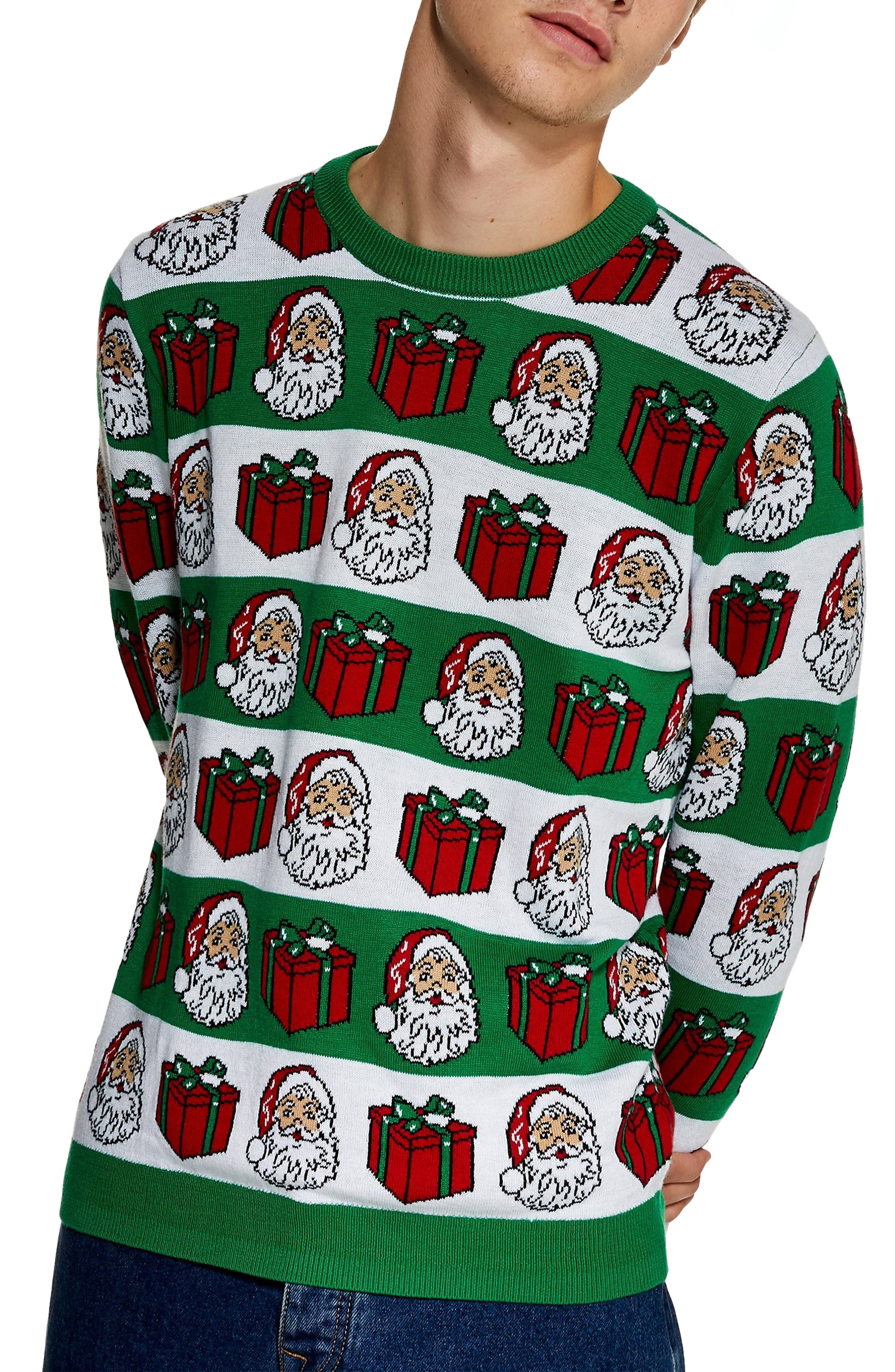 Topman Christmas Santa Crewneck Sweater, Green
