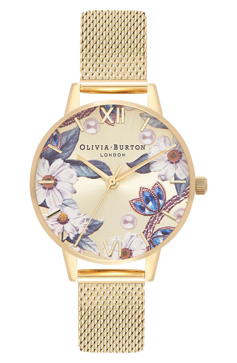 Olivia Burton Bejewelled Floral Mesh Strap Watch, 30mm | Nordstrom