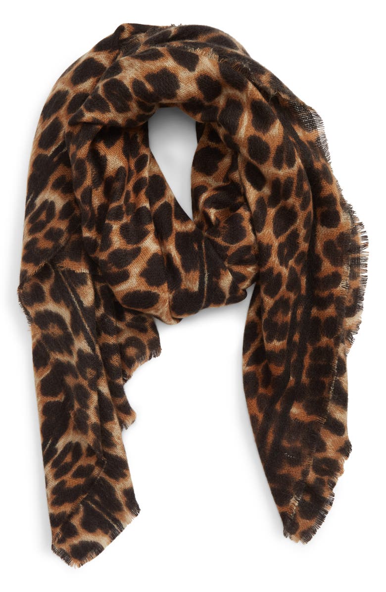 Leopard Print Blanket Scarf,
Main,
color, BROWN COMBO