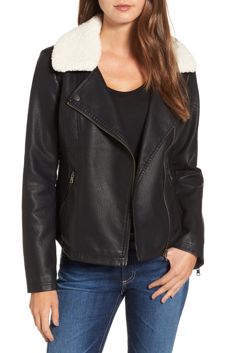 SEBBY Faux Leather Moto Jacket with Detachable Faux Shearling Collar ...