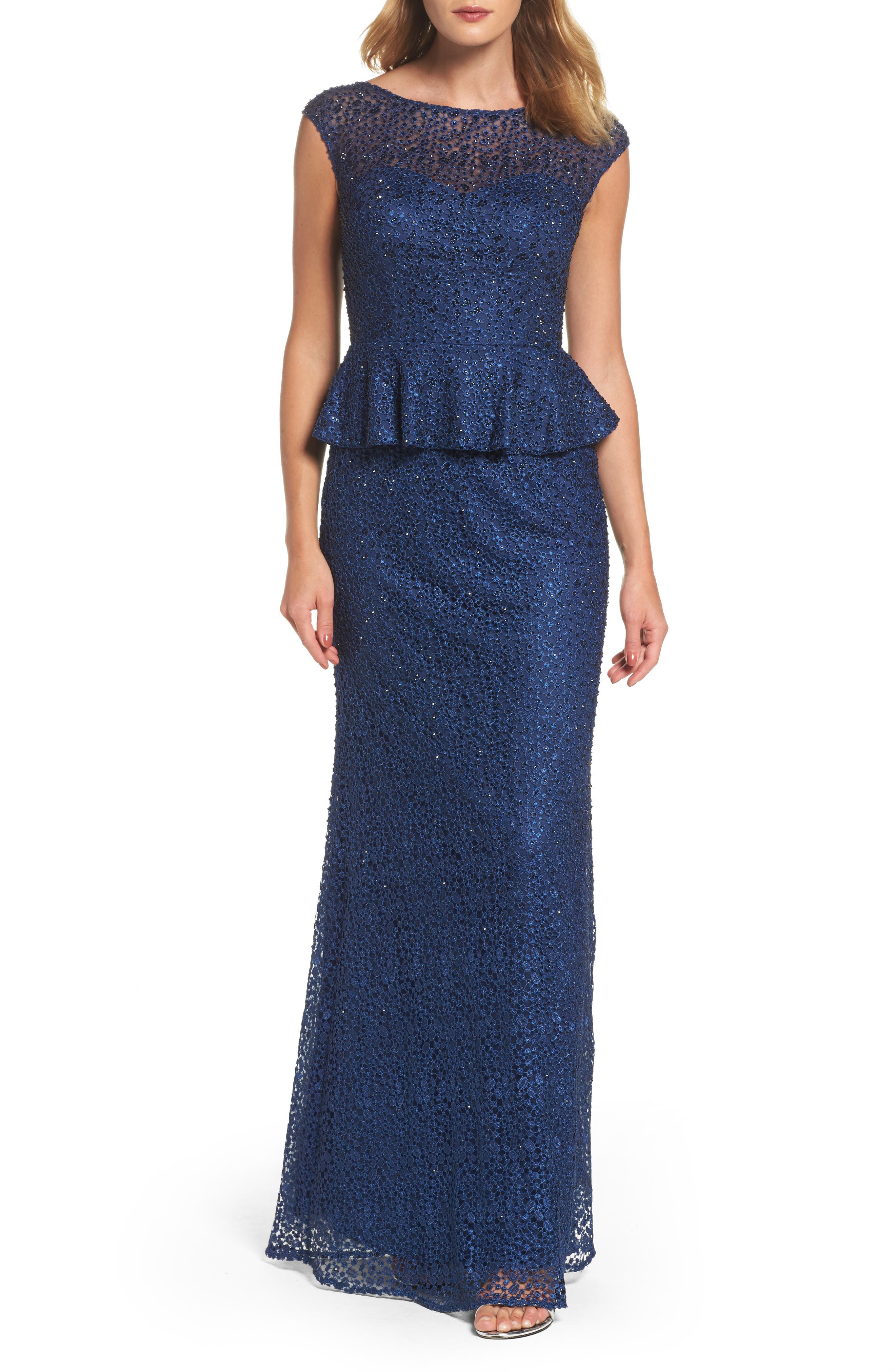 La Femme Embellished Lace Peplum Gown, Blue