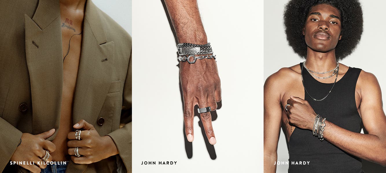 Man wearing Spinelli Kilcollin rings. Close-up of John Hardy bracelets and ring. Man wearing John Hardy necklaces, bracelets and ring.