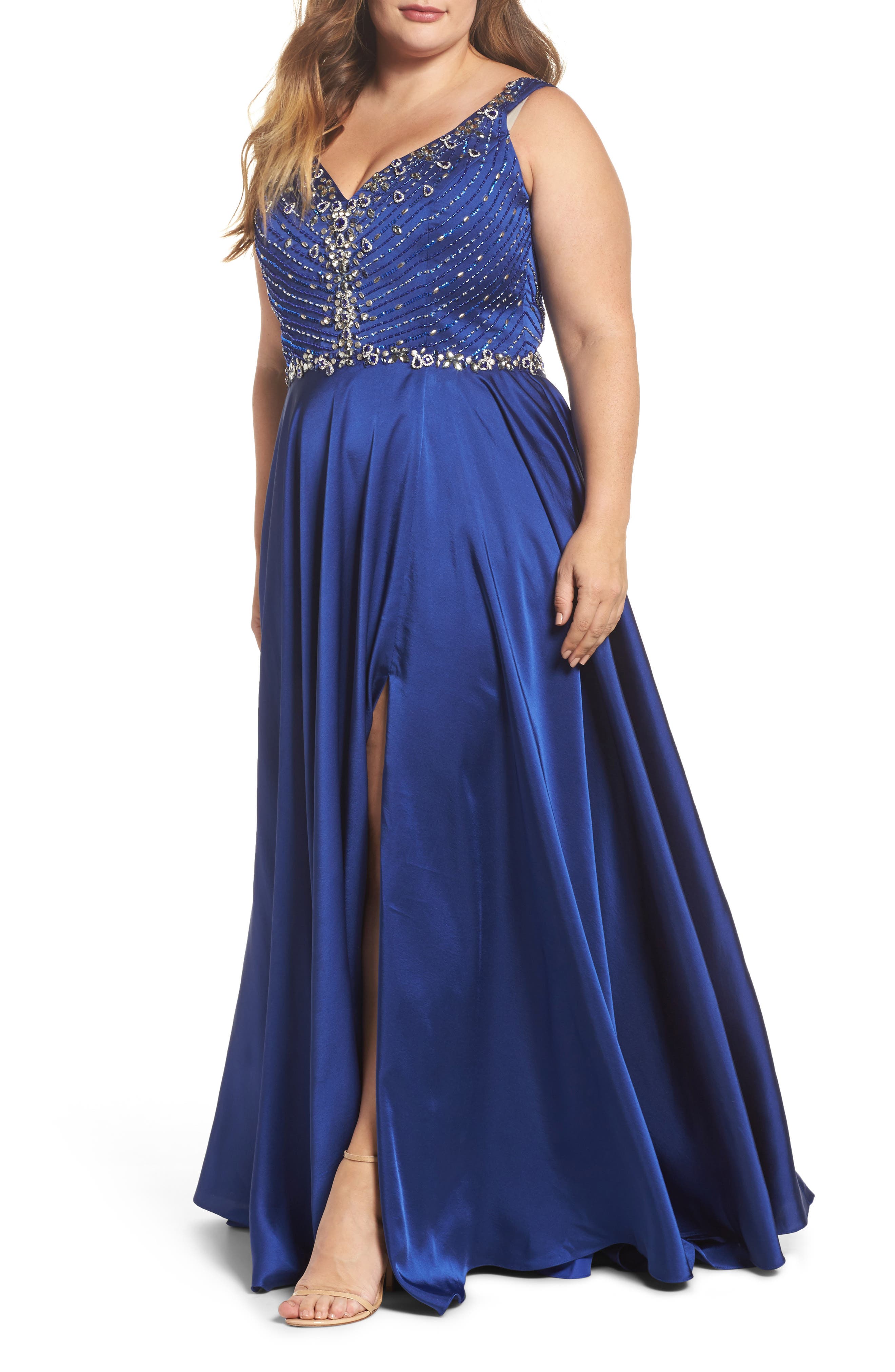 Plus Size MAC Duggal Beaded Bodice Gown, Blue