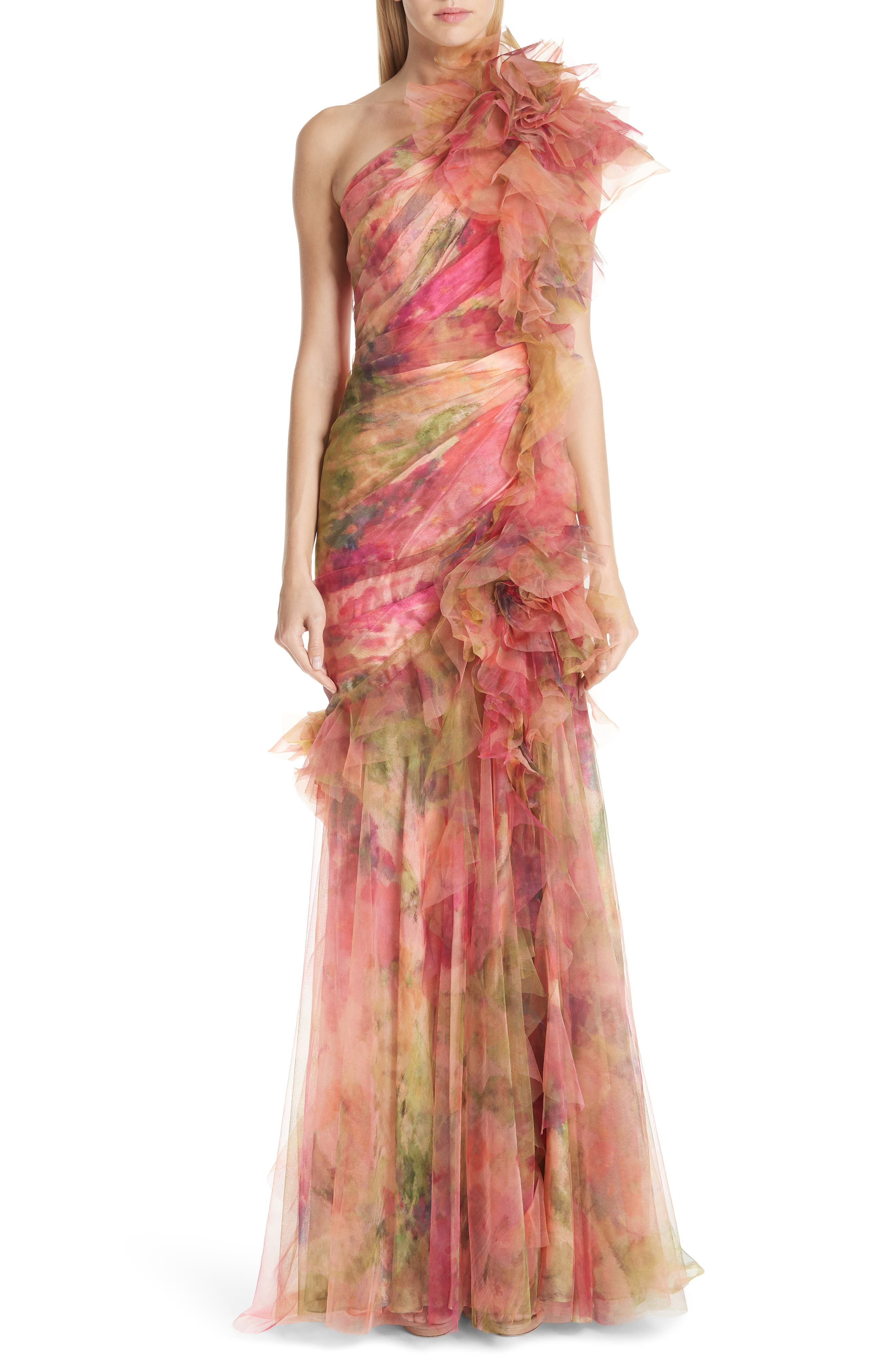 Marchesa Floral One-Shoulder Silk Evening Dress, Coral