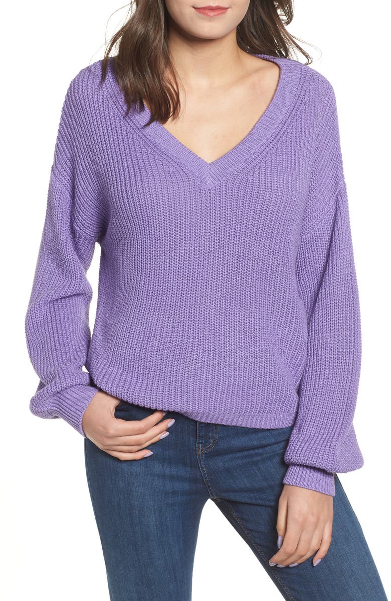 V Neck Cotton Sweater,                         Main,                         color, PURPLE DAHLIA