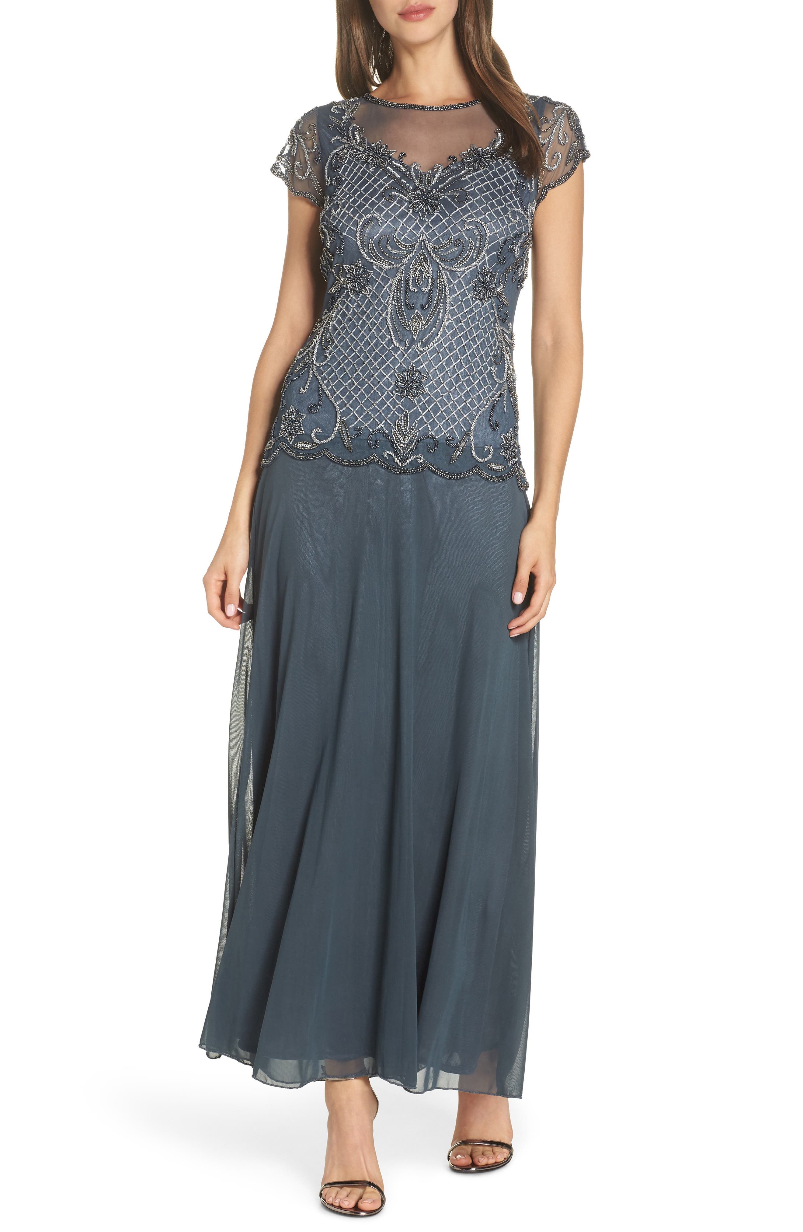 Petite Pisarro Nights Mock Two-Piece Beaded Bodice Evening Dress, Grey
