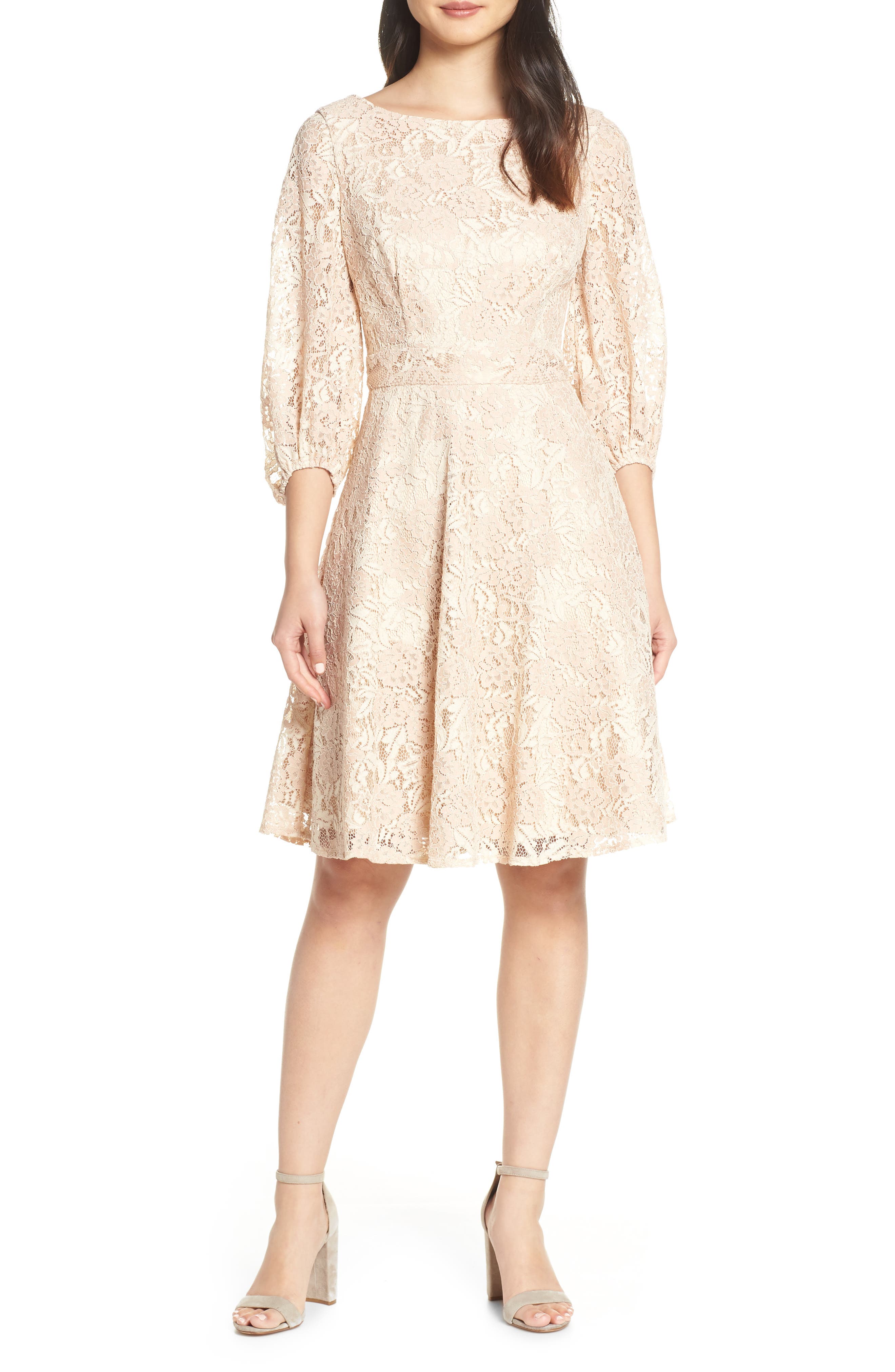Eliza J Boatneck Lace Fit & Flare Dress, Pink