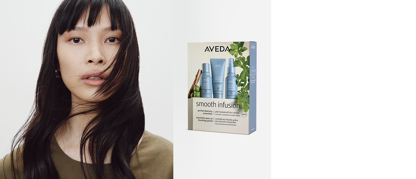 A woman with long hair and bangs, plus products and tools from T3, Drybar, Aveda, Augustinus Bader and Dyson.