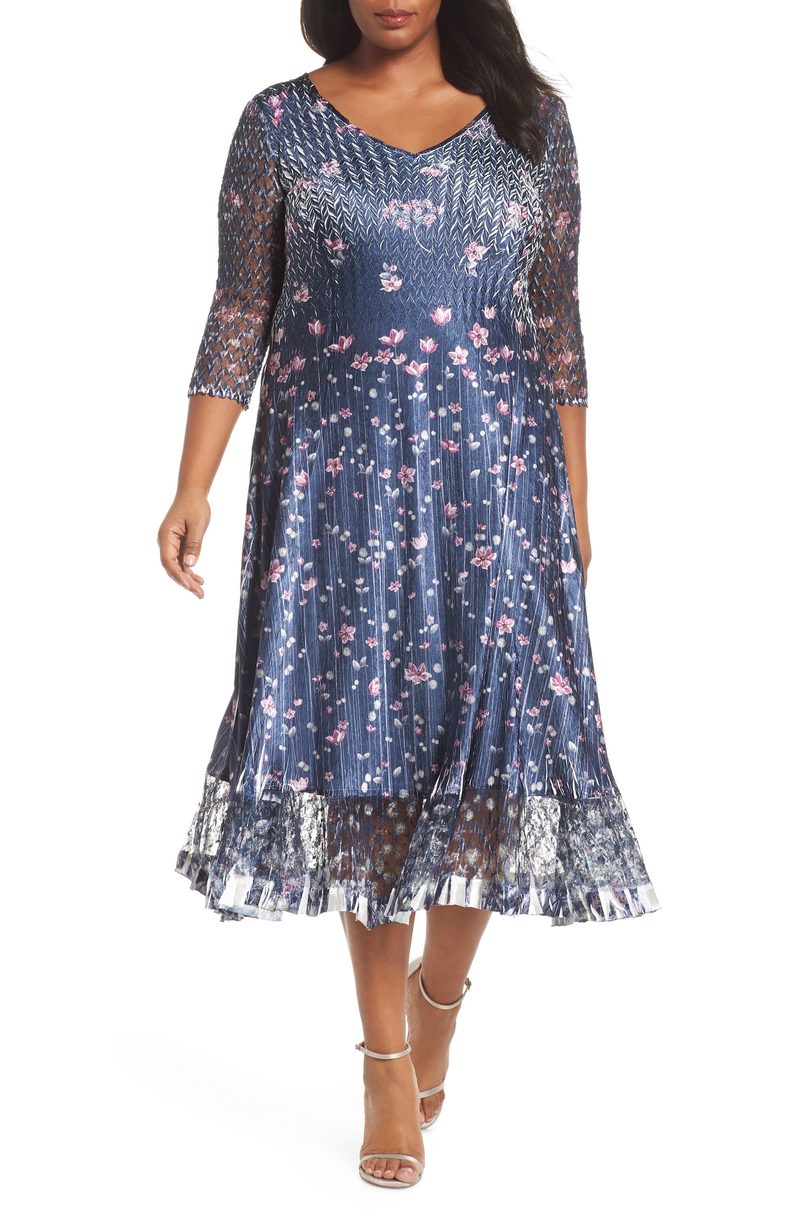 Plus Size Komarov Lace Sleeve Charmeuse Midi Dress, Blue