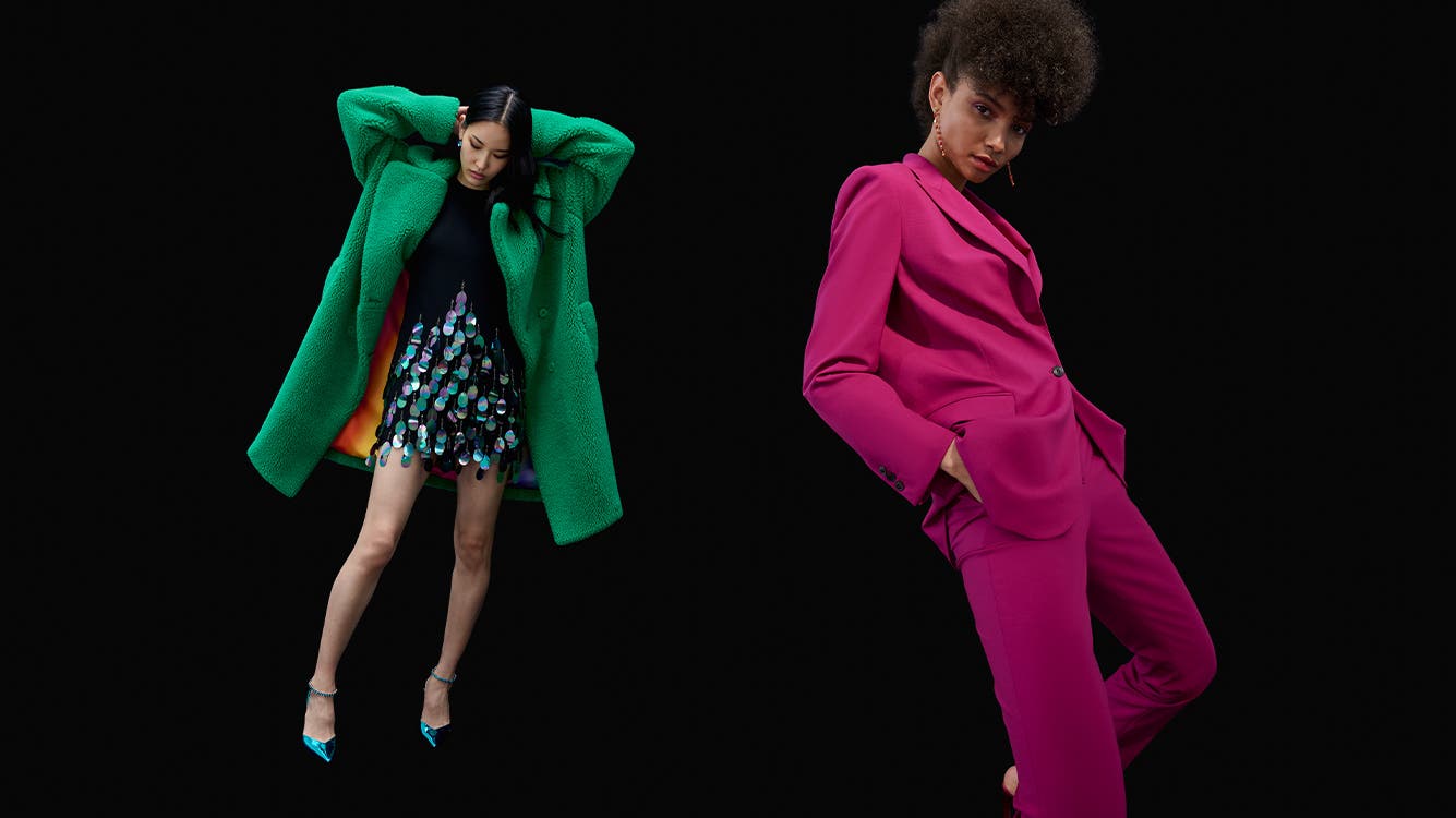Model in green jacket, sequin dress and metallic blue heels; model in magenta blazer and pants.